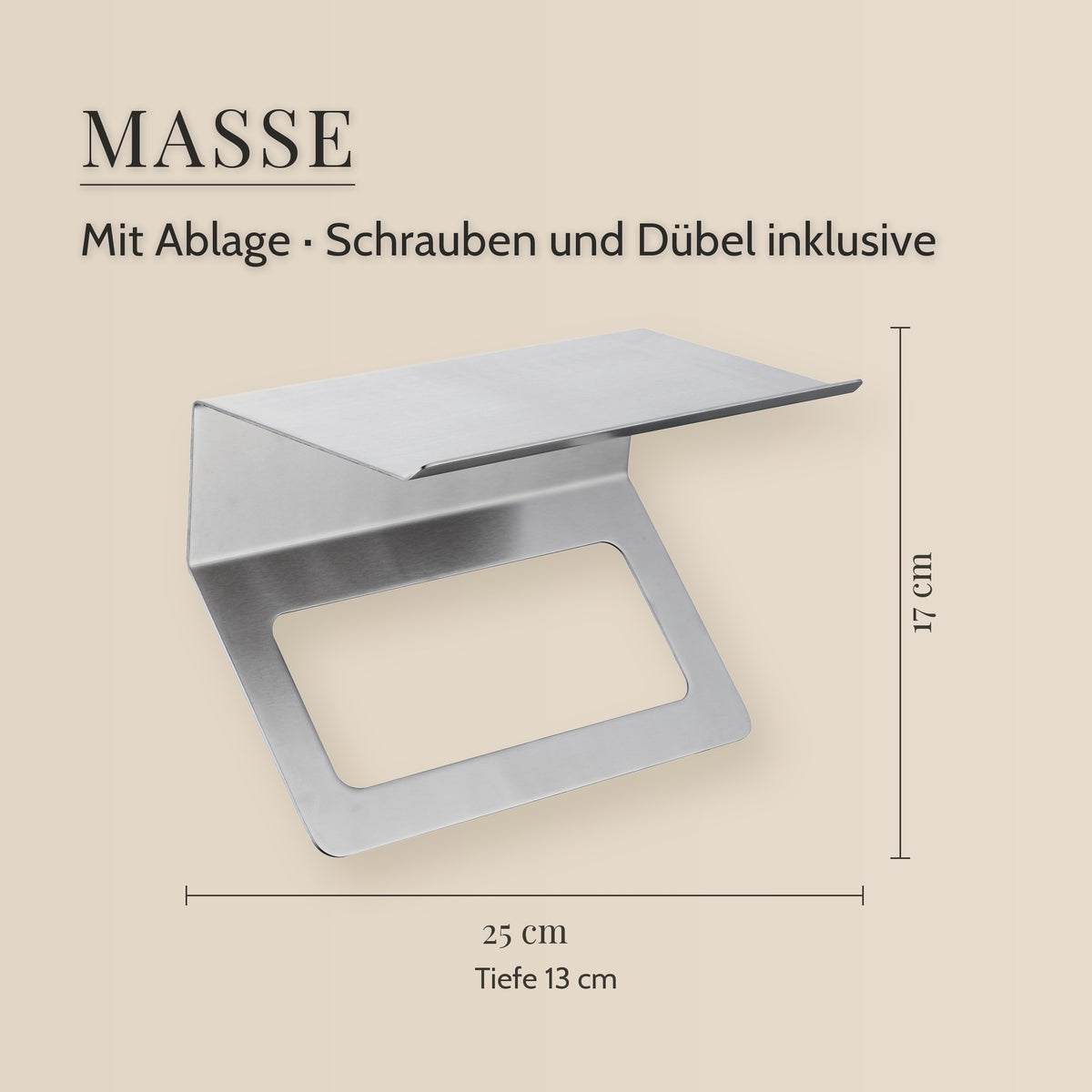 Handtuchhalter Edelstahl 25 cm – Masse, Mit Ablage · Schrauben und Dübel inklusive
