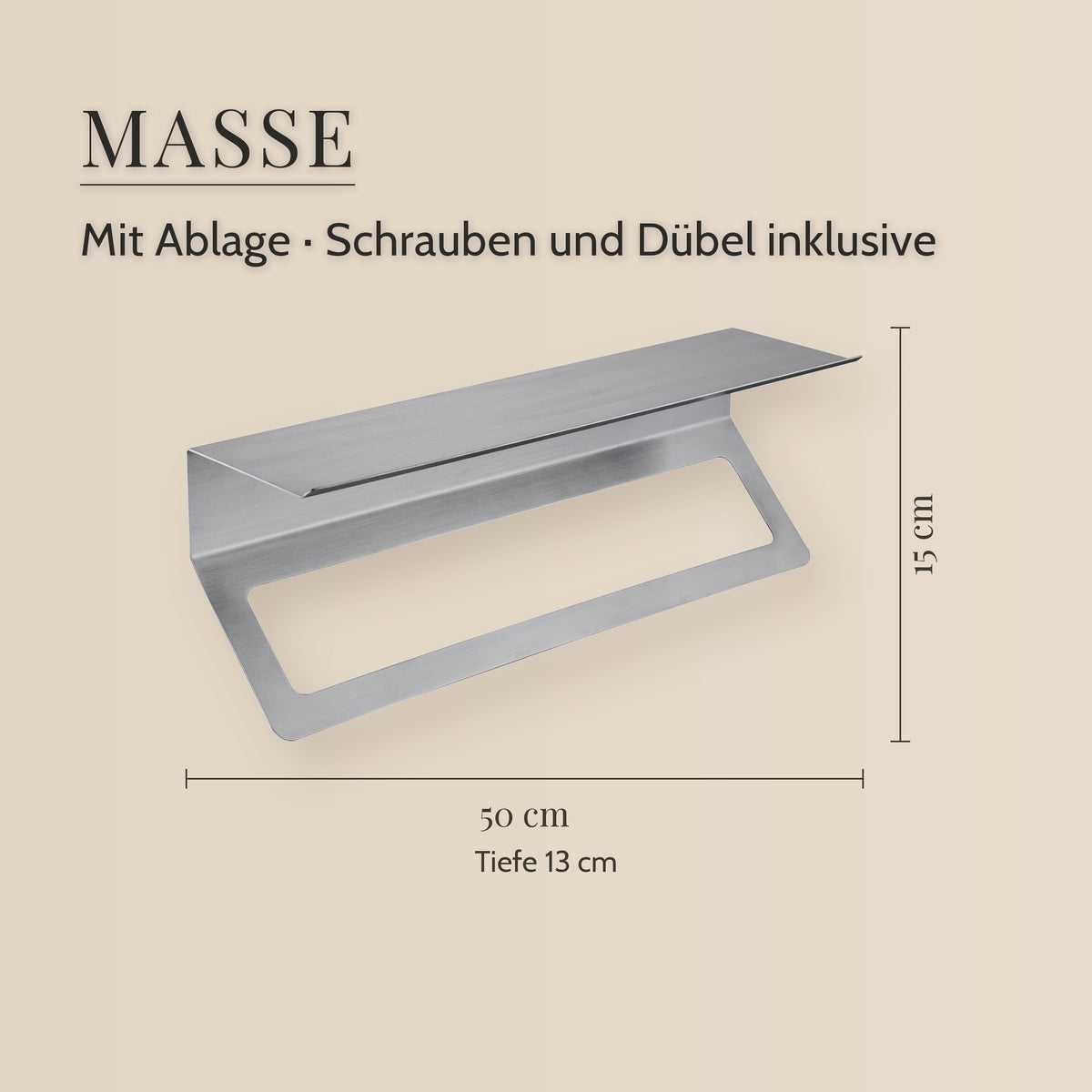 Handtuchhalter Edelstahl 50 cm – Masse, Mit Ablage · Schrauben und Dübel inklusive