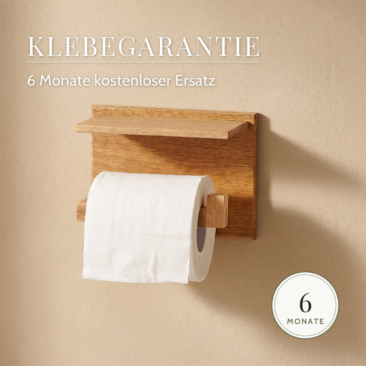 Toilettenpapierhalter mit Ablage aus Mangoholz – Klebegarantie: 6 Monate kostenloser Ersatz