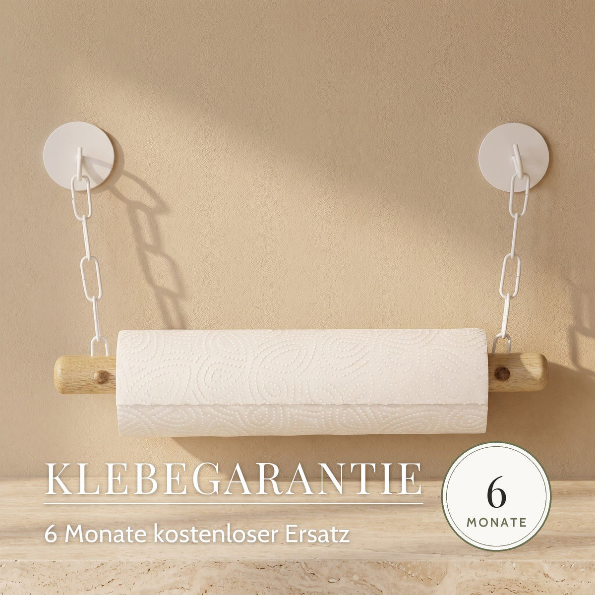 Küchenrollenhalter aus Holz mit Ketten – Klebegarantie, 6 Monate kostenloser Ersatz