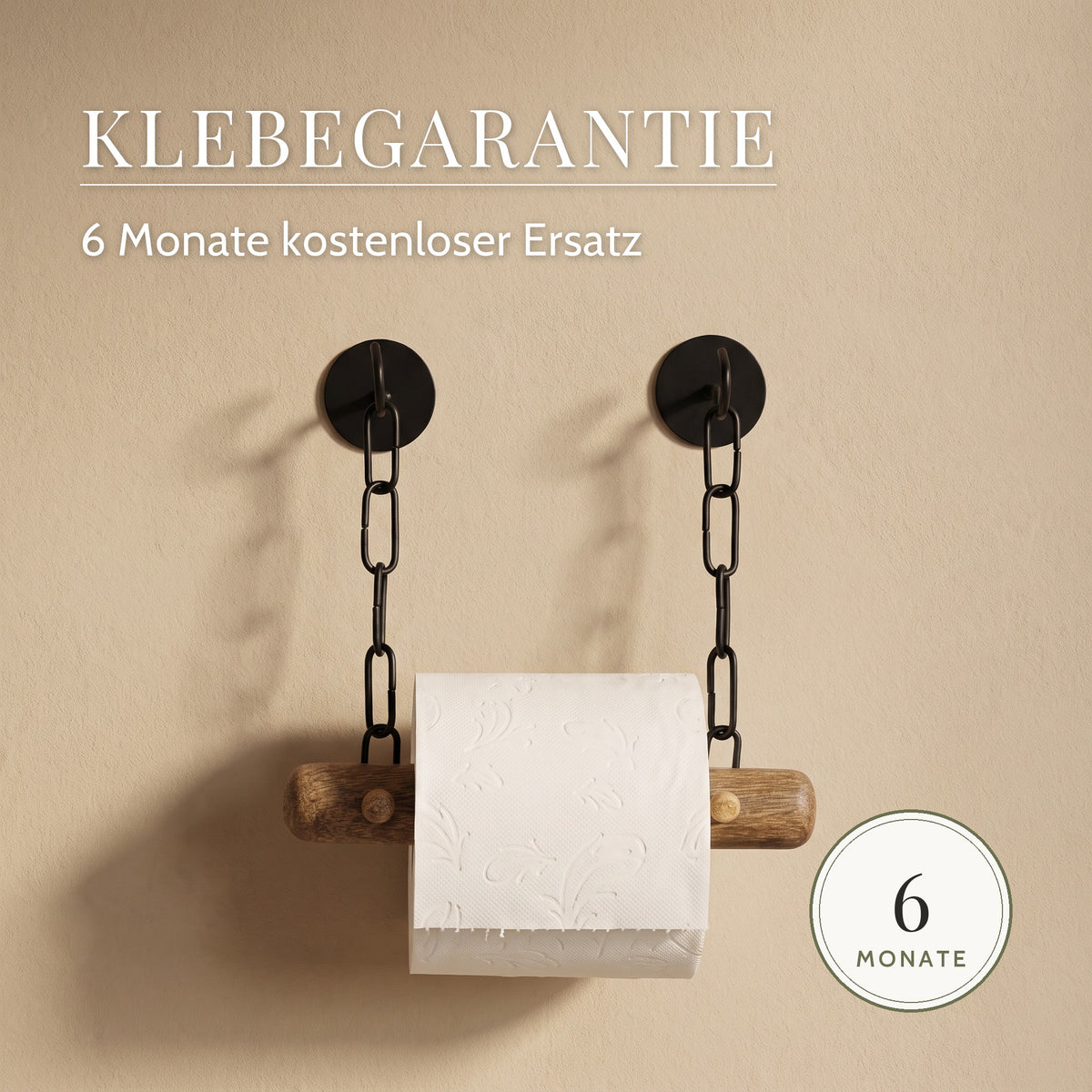 Toilettenpapierhalter aus Holz mit Ketten – Klebegarantie: 6 Monate kostenloser Ersatz