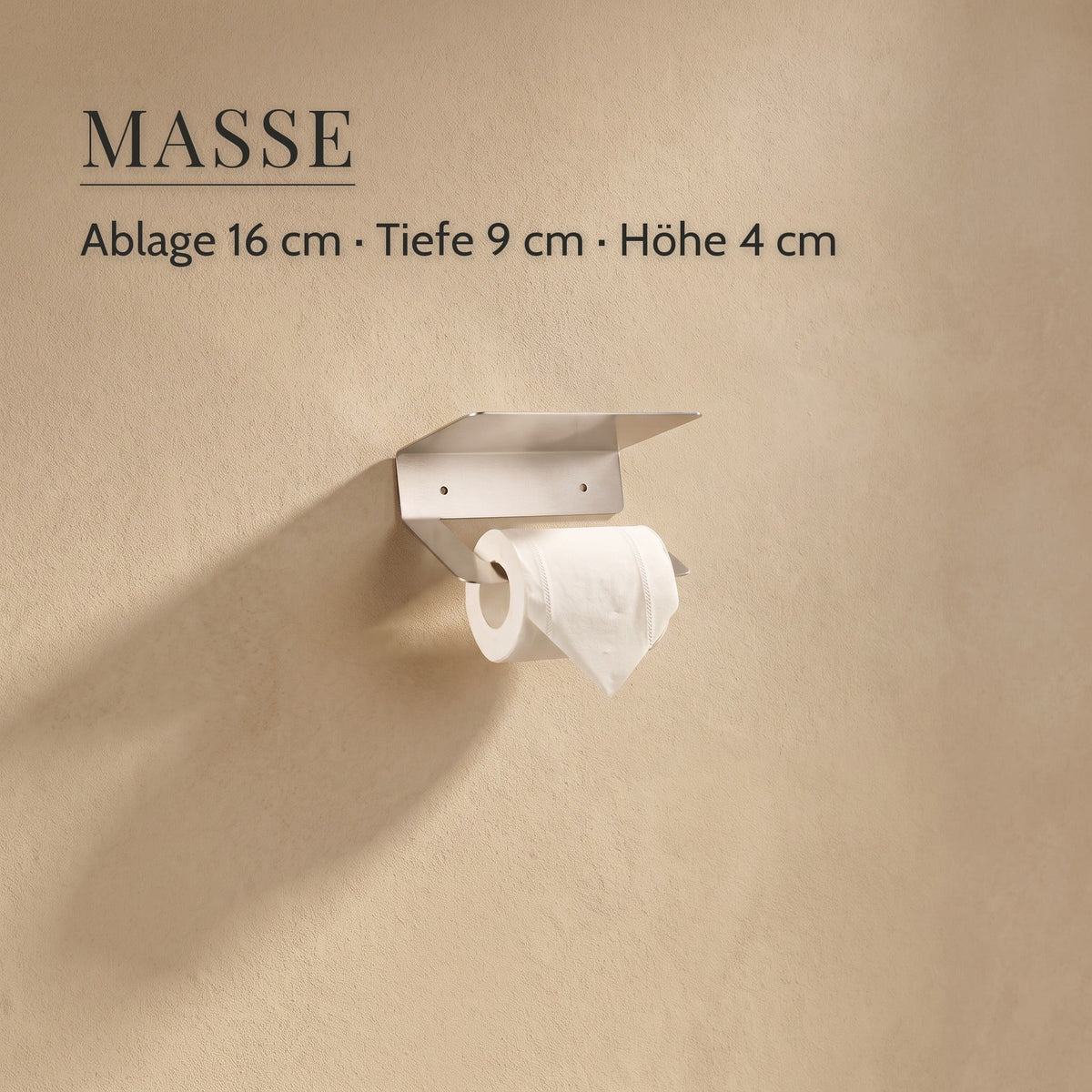 Toilettenpapierhalter Edelstahl Mit Ablage – Masse, Ablage 16 cm · Tiefe 9 cm · Höhe 4 cm