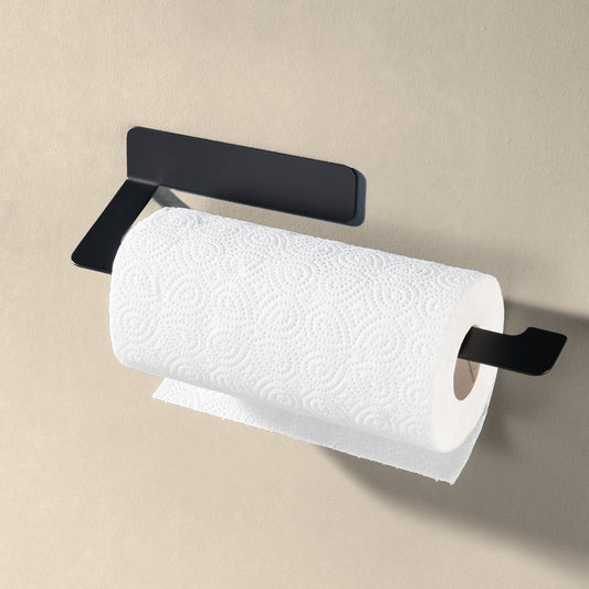 Küchenrollenhalter in Schwarz-matt mit voller Rolle an heller Wand