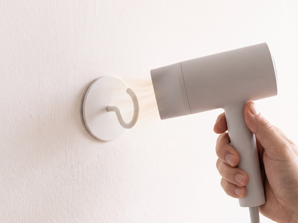 Ein Föhn wärmt die runde Platte eines weißen Klebehakens an der Wand