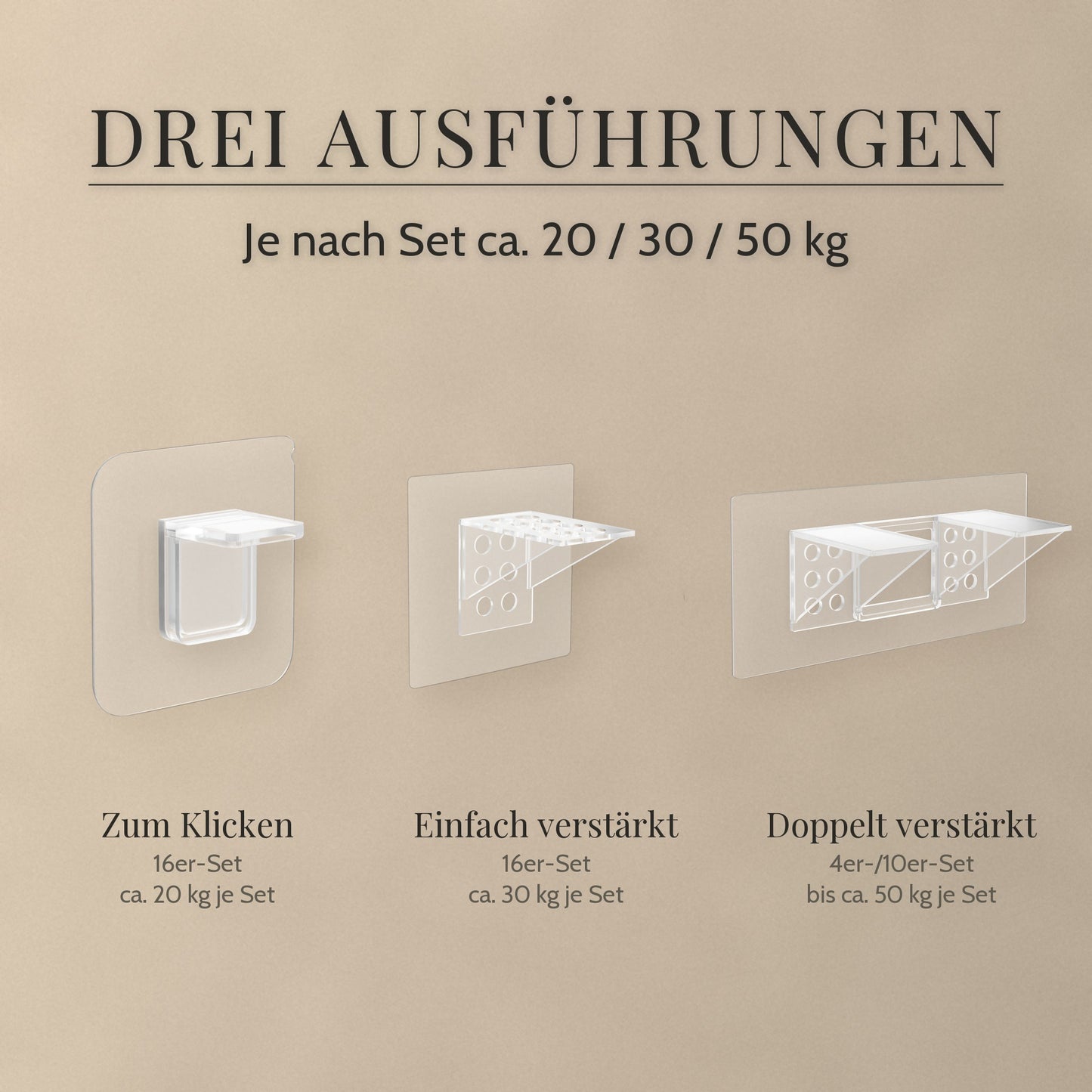 Regalbodenhalter selbstklebend – Drei ausführungen: Je nach Set ca. 20 / 30 / 50 kg