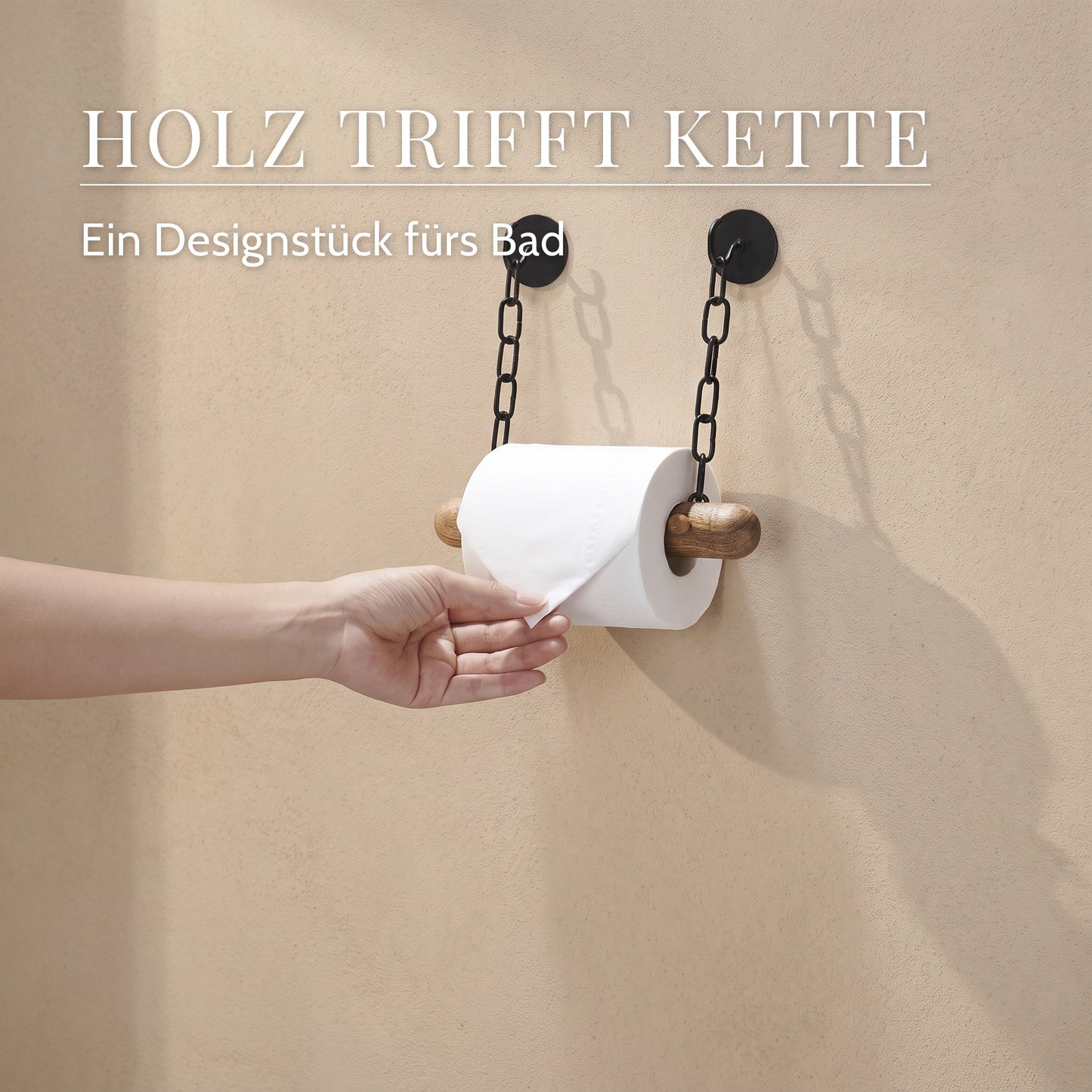 Toilettenpapierhalter aus Holz mit Ketten – Holz trifft kette: Ein Designstück fürs Bad