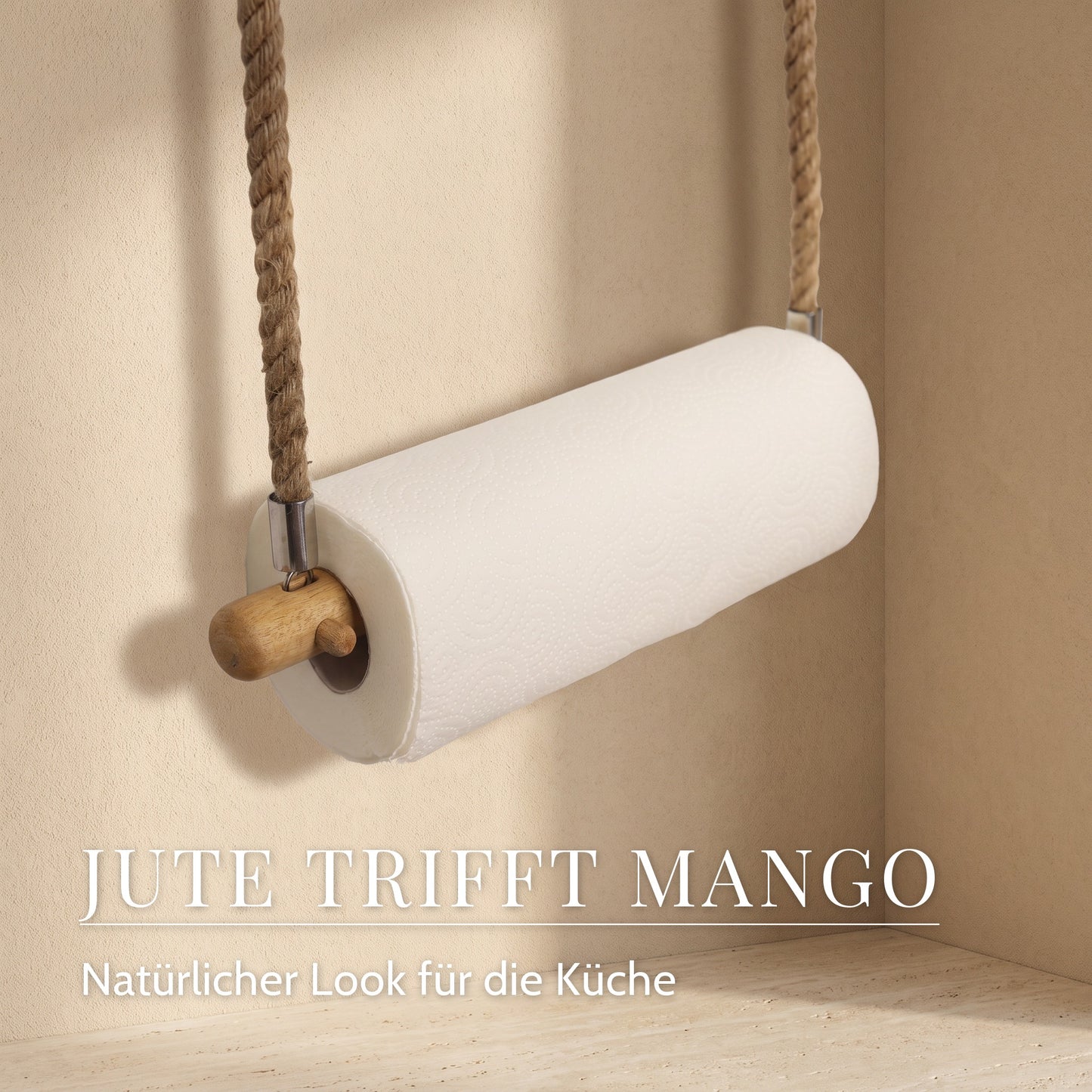 Küchenrollenhalter aus Mangoholz mit Juteseil – Jute trifft Mango, Natürlicher Look für die Küche