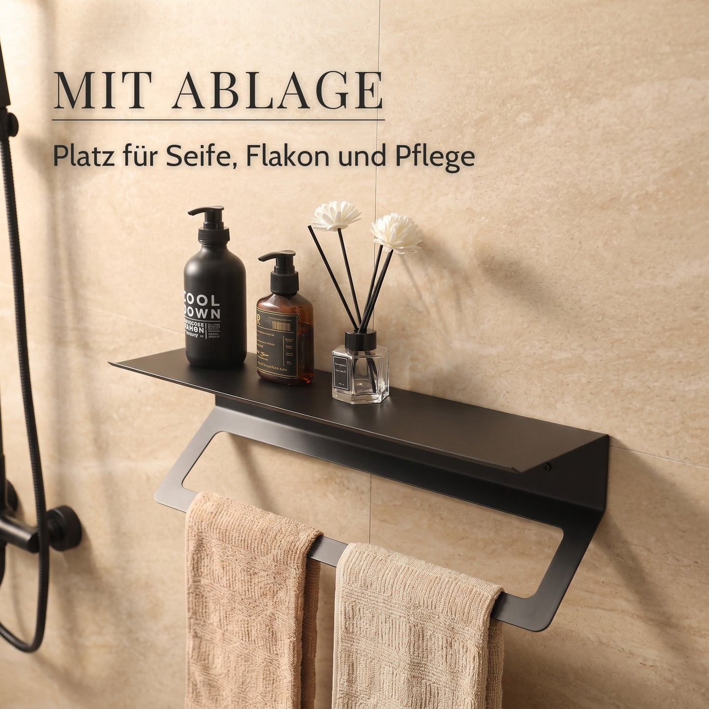 Handtuchhalter Edelstahl 50 cm – Mit Ablage, Platz für Seife, Flakon und Pflege