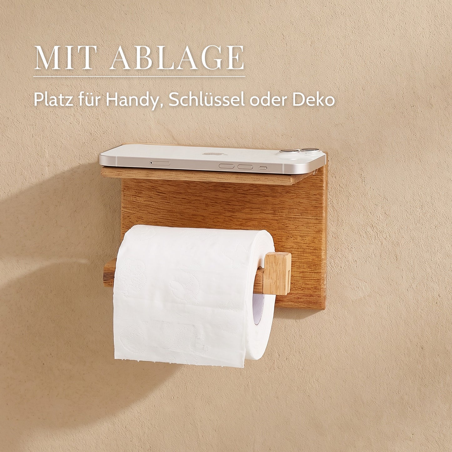 Toilettenpapierhalter mit Ablage aus Mangoholz – Mit ablage: Platz für Handy, Schlüssel oder Deko
