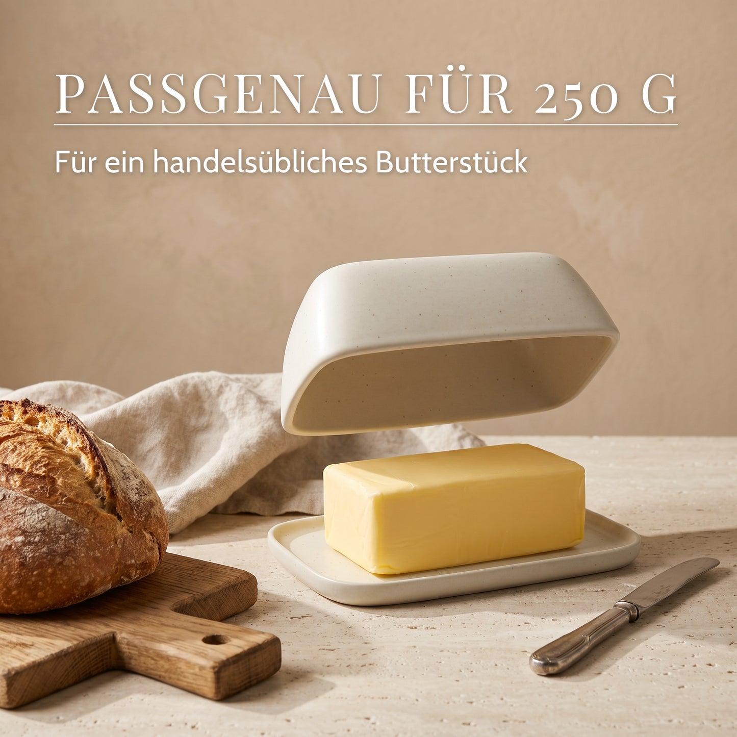 Butterdose aus Keramik – Passgenau für 250 g, Für ein handelsübliches Butterstück