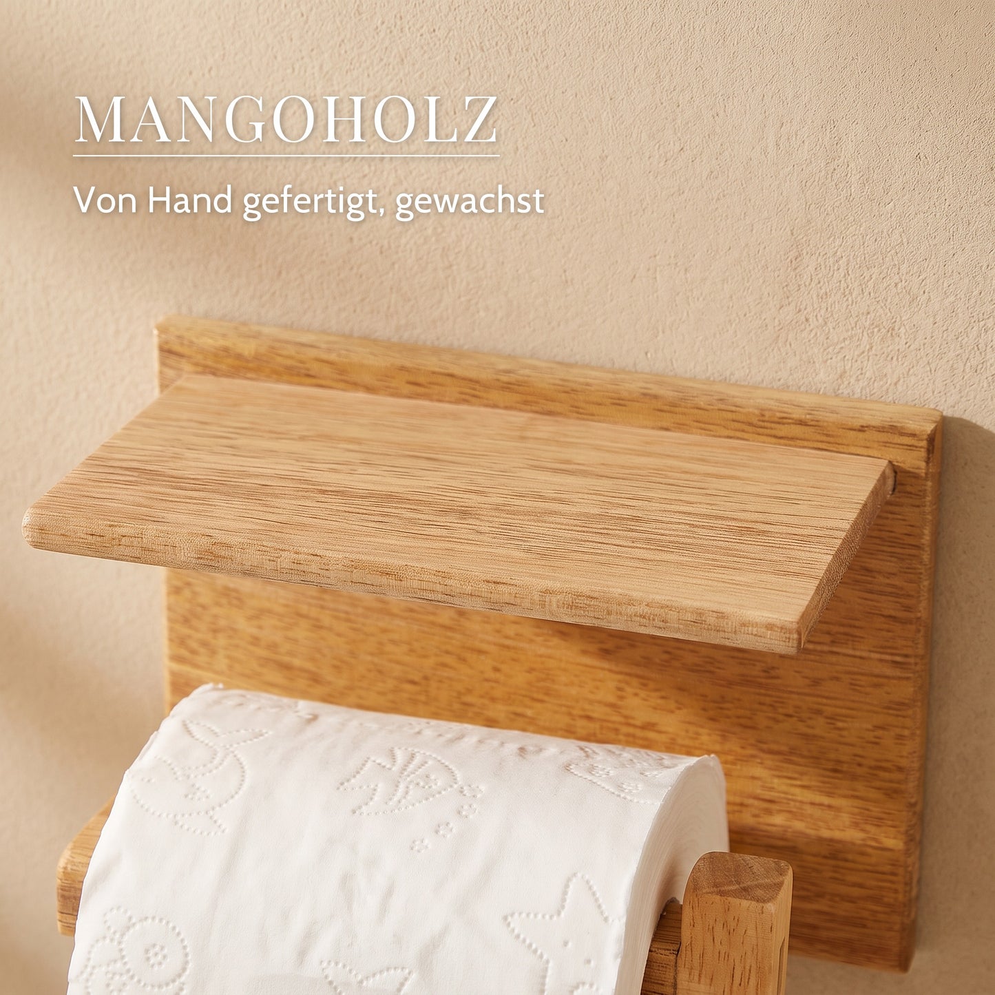Toilettenpapierhalter mit Ablage aus Mangoholz – Mangoholz: Von Hand gefertigt, gewachst