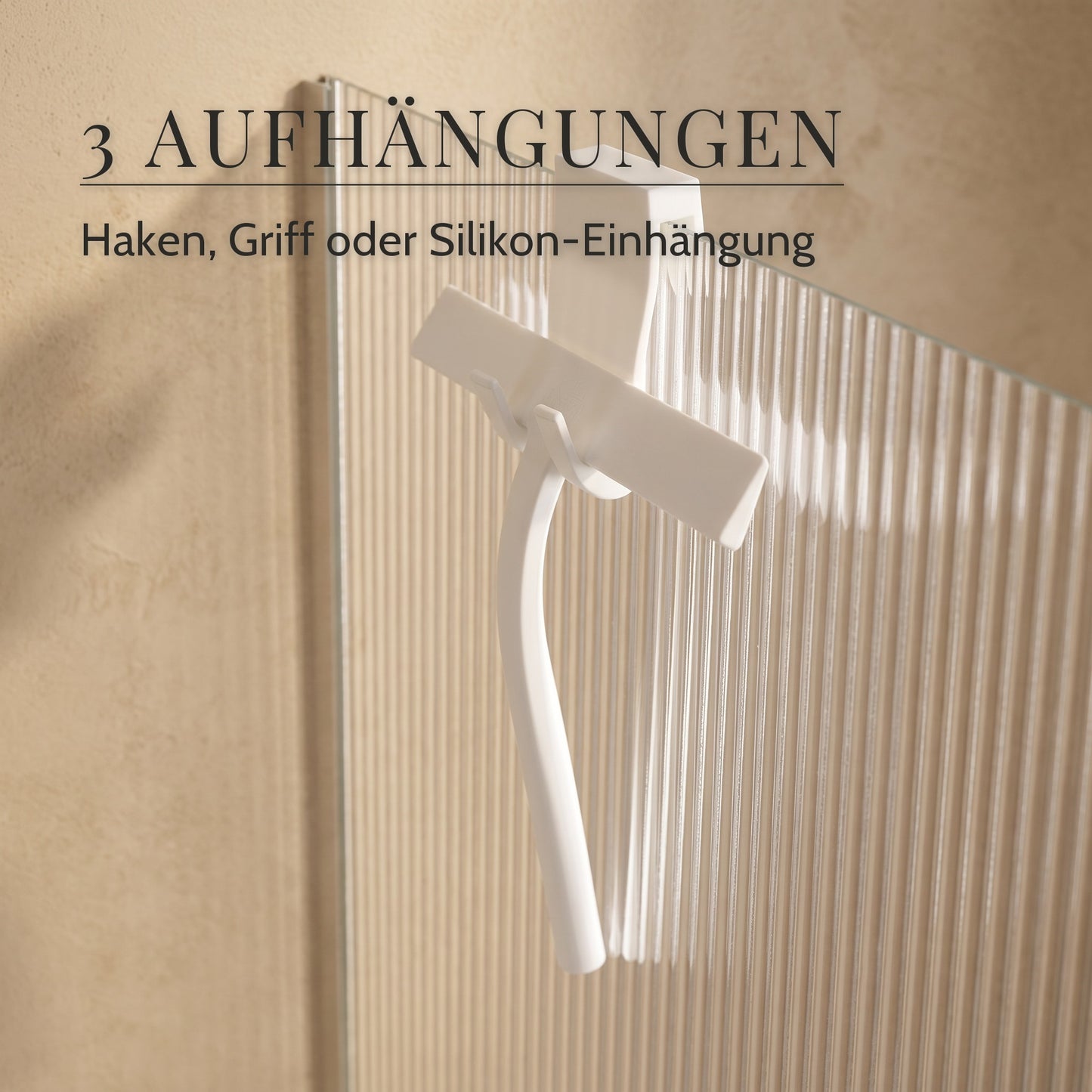 Duschabzieher aus Silikon mit Edelstahlkern – 3 Aufhängungen, Haken, Griff oder Silikon-Einhängung