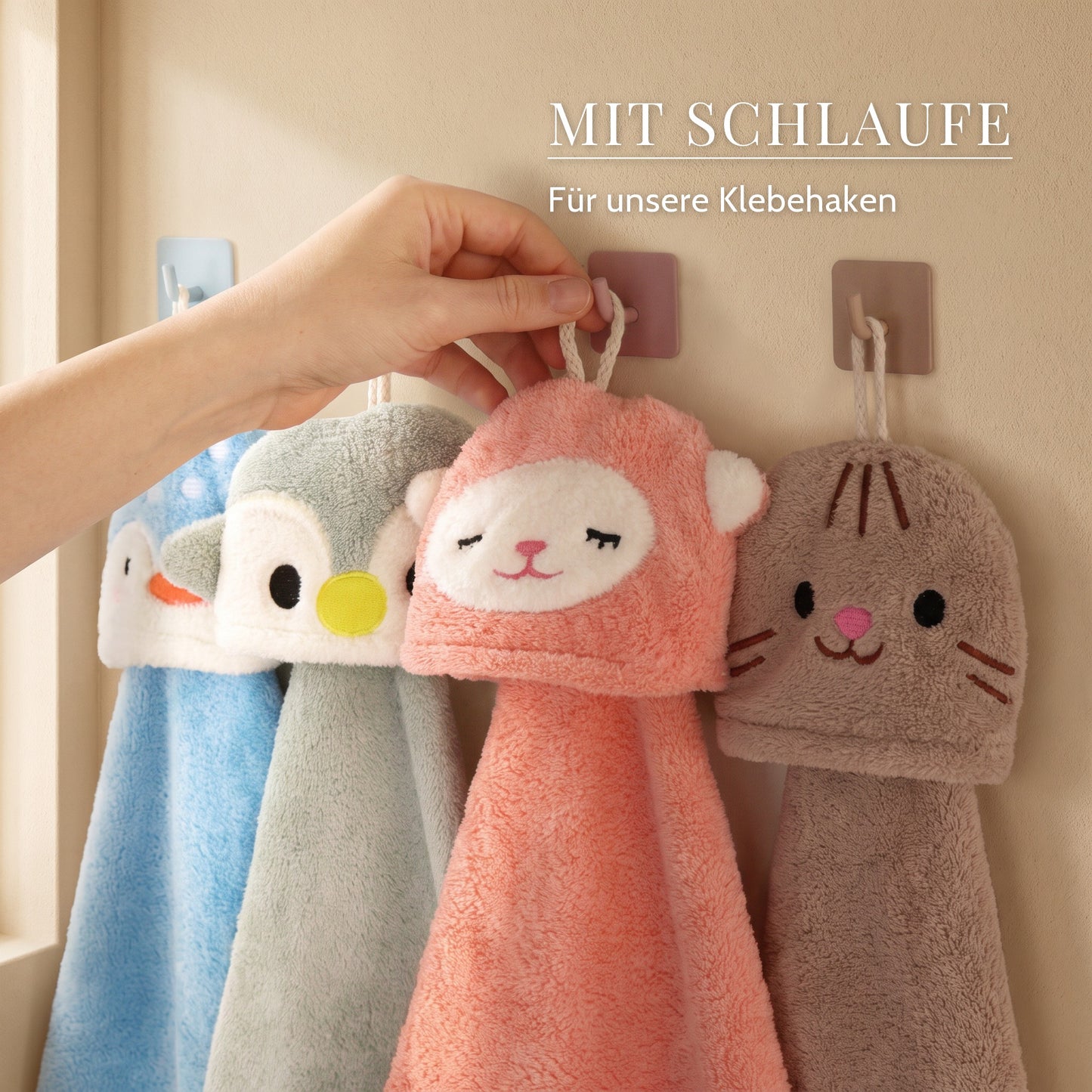 Kinderwaschlappen mit Tiermotiven – Mit Schlaufe, Für unsere Klebehaken