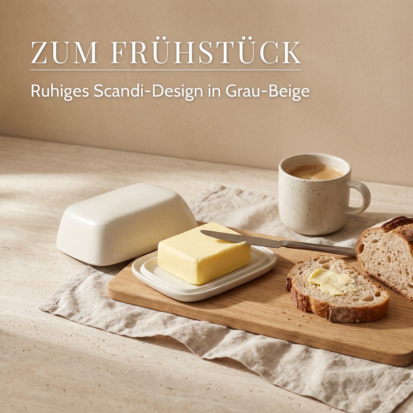 Butterdose aus Keramik – Zum Frühstück, Ruhiges Scandi-Design in Grau-Beige