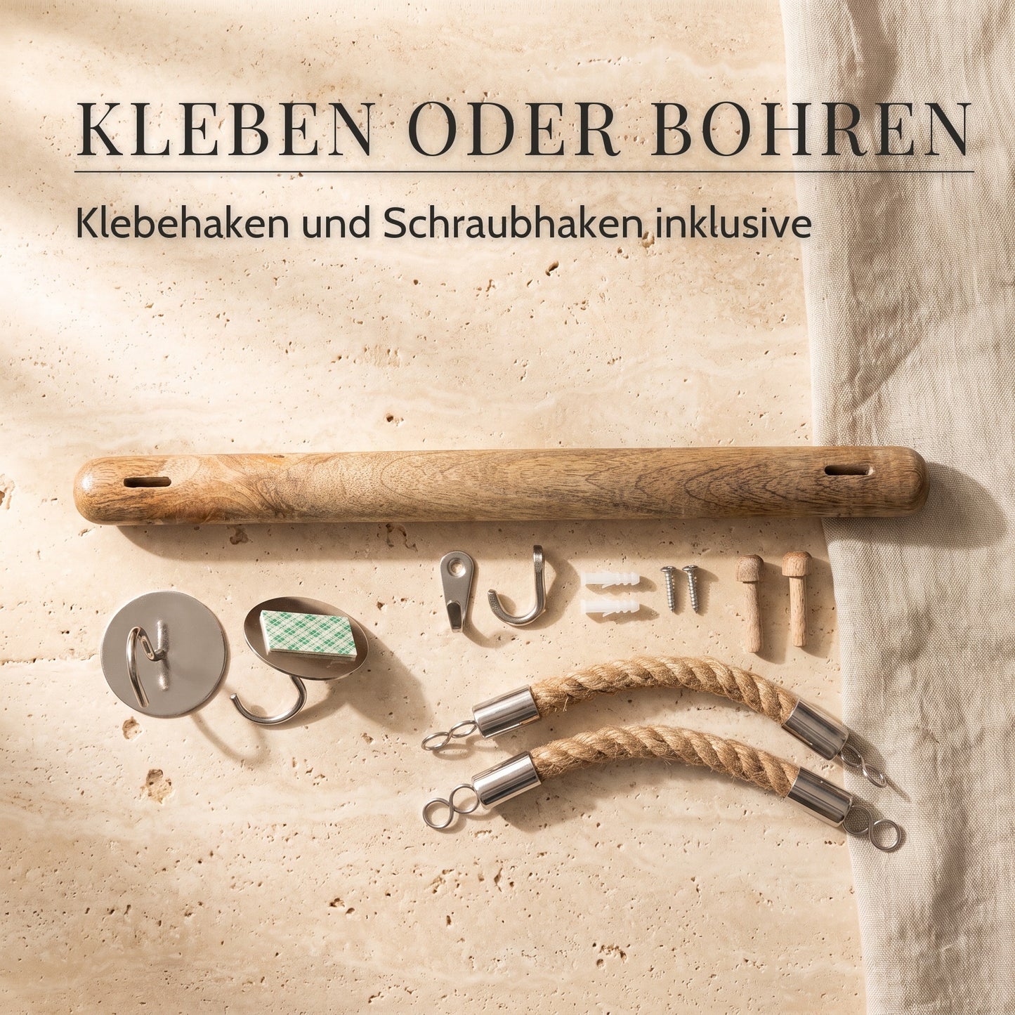 Küchenrollenhalter aus Mangoholz mit Juteseil – Kleben oder Bohren, Klebehaken und Schraubhaken inklusive