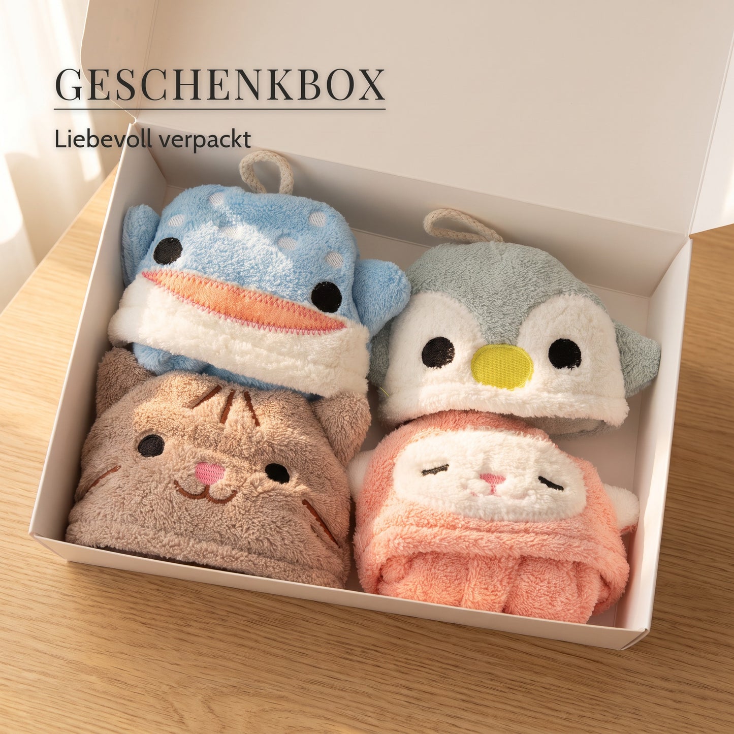 Kinderwaschlappen mit Tiermotiven – Geschenkbox, Liebevoll verpackt