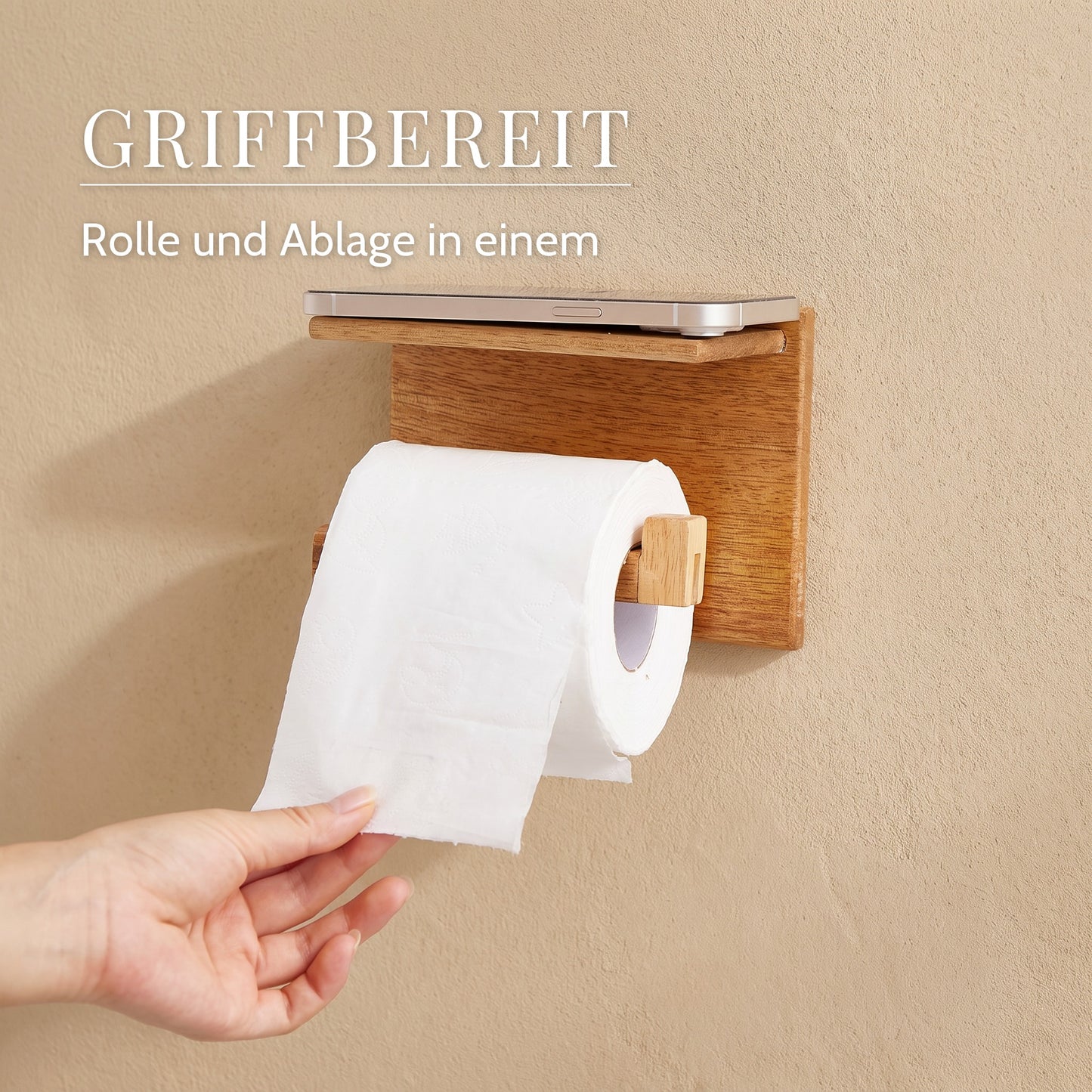 Toilettenpapierhalter mit Ablage aus Mangoholz – Griffbereit: Rolle und Ablage in einem