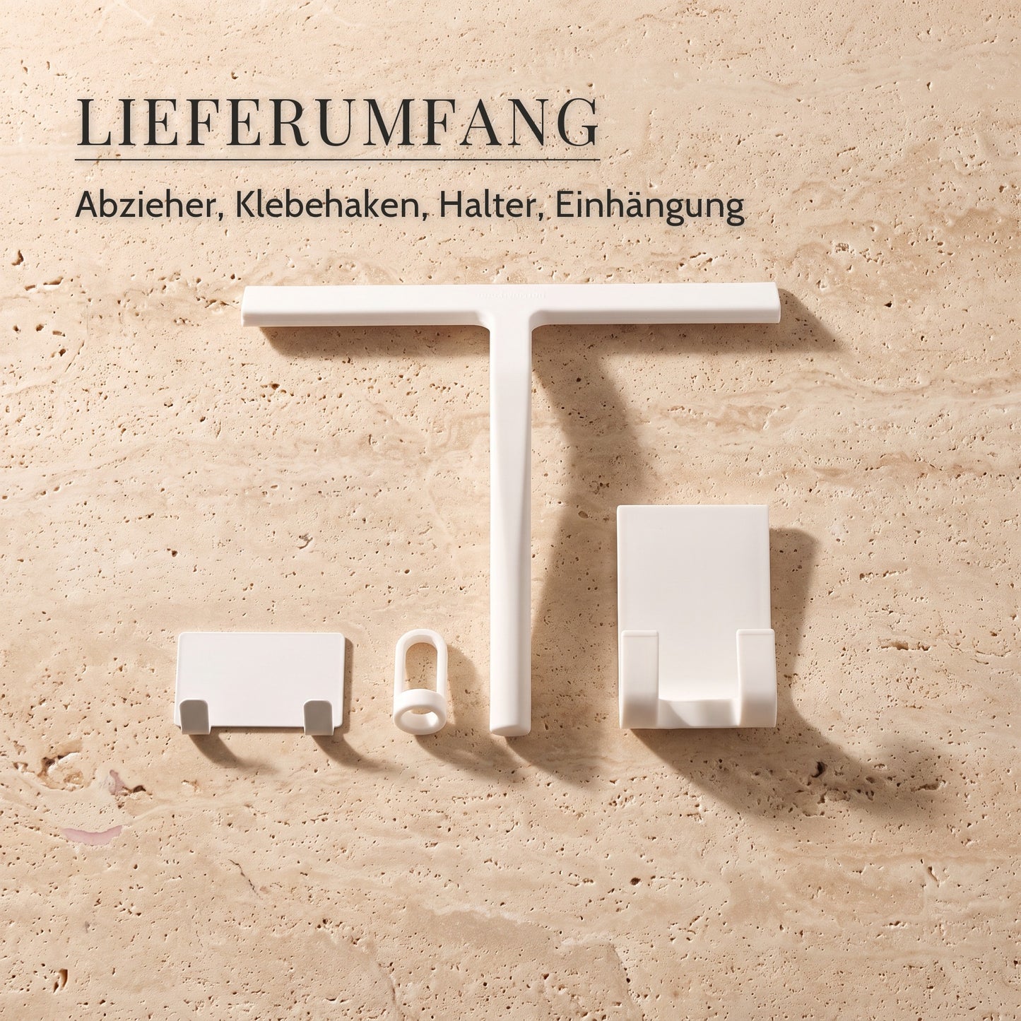 Duschabzieher aus Silikon mit Edelstahlkern – Lieferumfang, Abzieher, Klebehaken, Halter, Einhängung