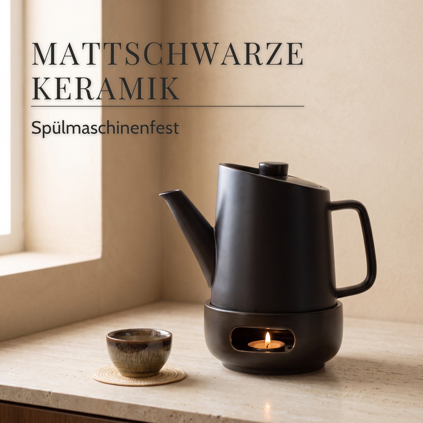 Mattschwarze Keramik-Teekanne mit Teeschale