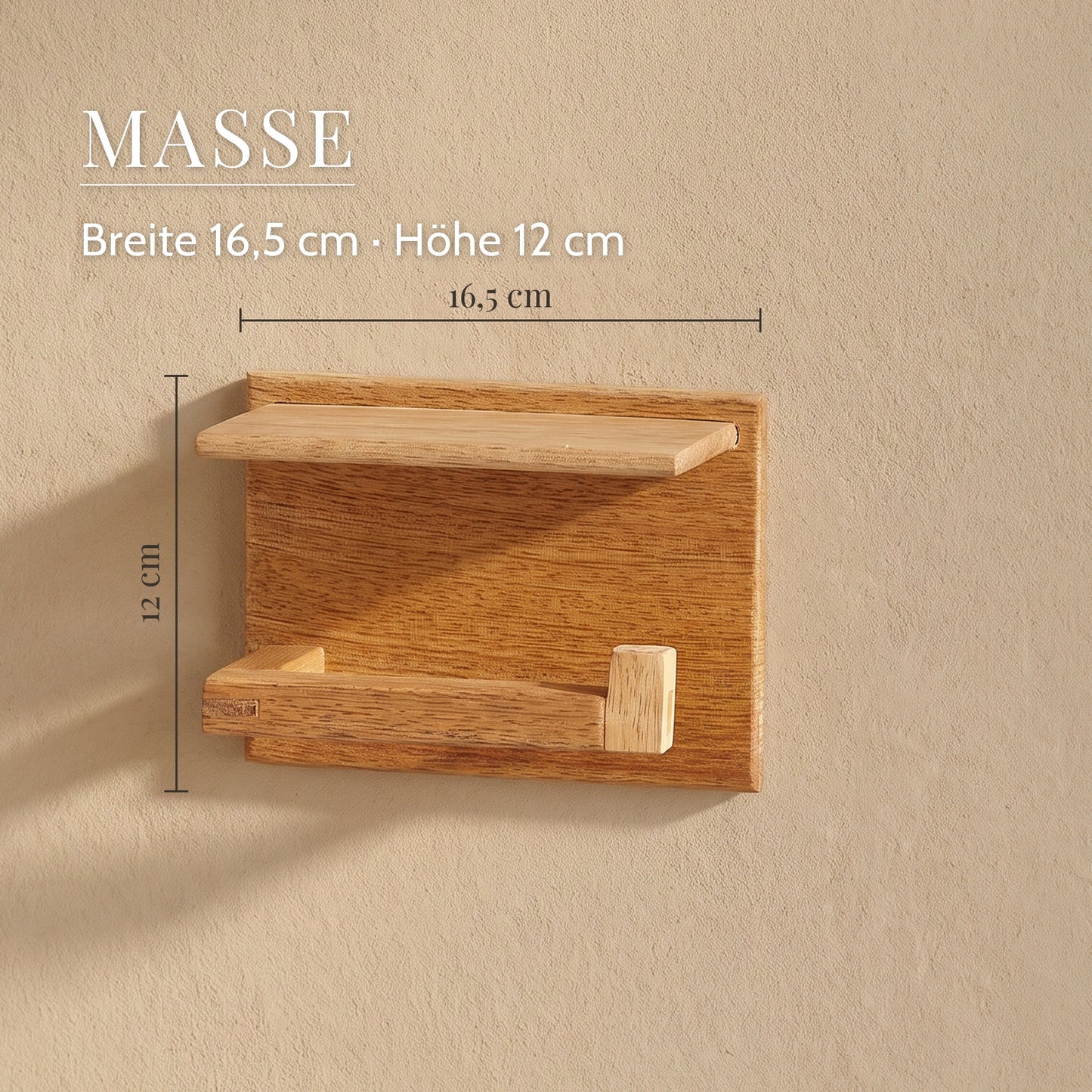 Toilettenpapierhalter Mit Ablage aus Mangoholz – Maße, Breite 16,5 cm · Höhe 12 cm