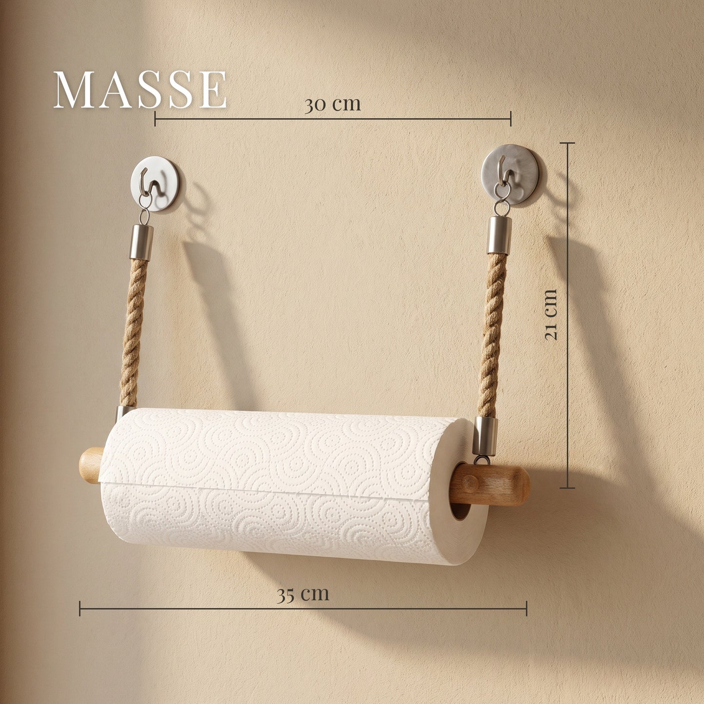 Küchenrollenhalter aus Mangoholz mit Juteseil – Maße