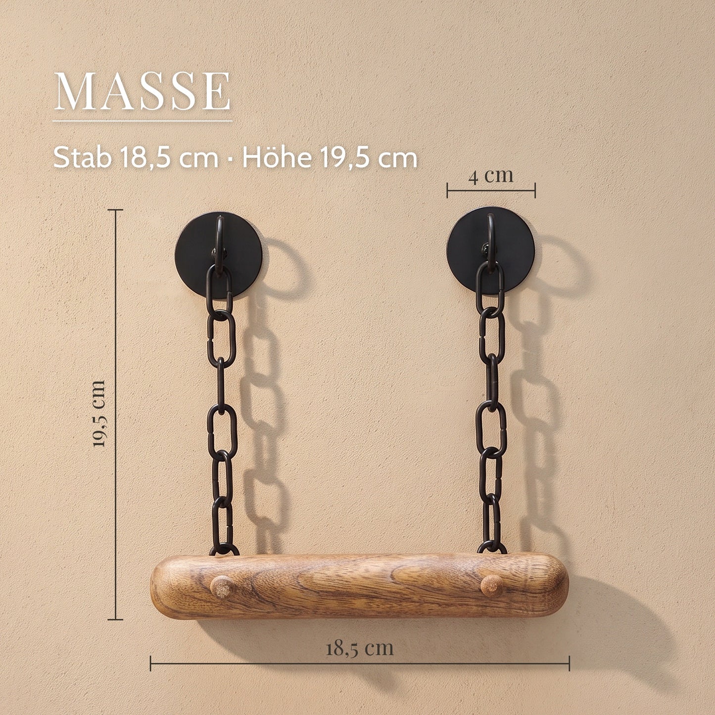 Toilettenpapierhalter aus Holz mit Ketten – Maße: Stab 18,5 cm · Höhe 19,5 cm
