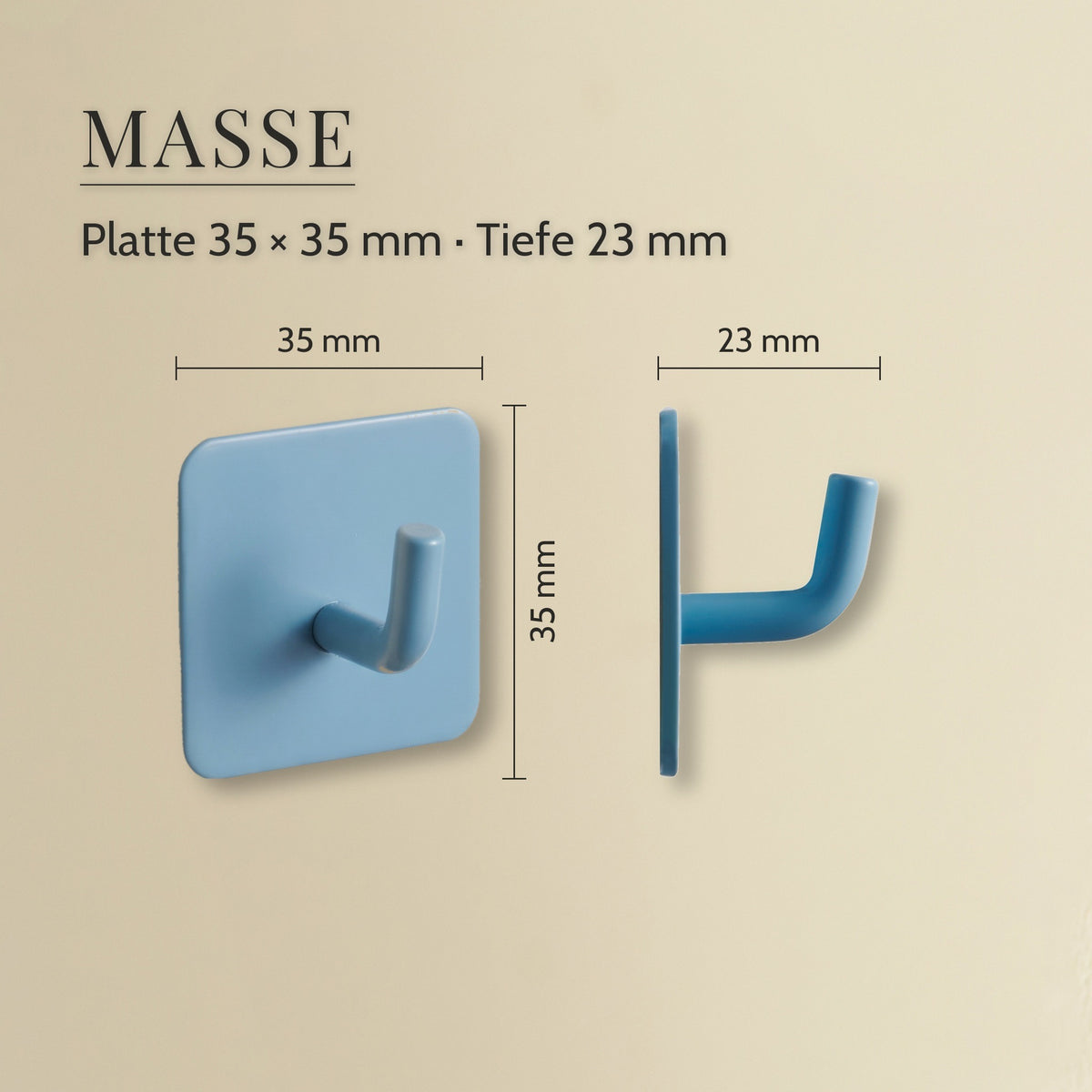 Klebehaken Edelstahl bunt – Masse, Platte 35 × 35 mm · Tiefe 23 mm