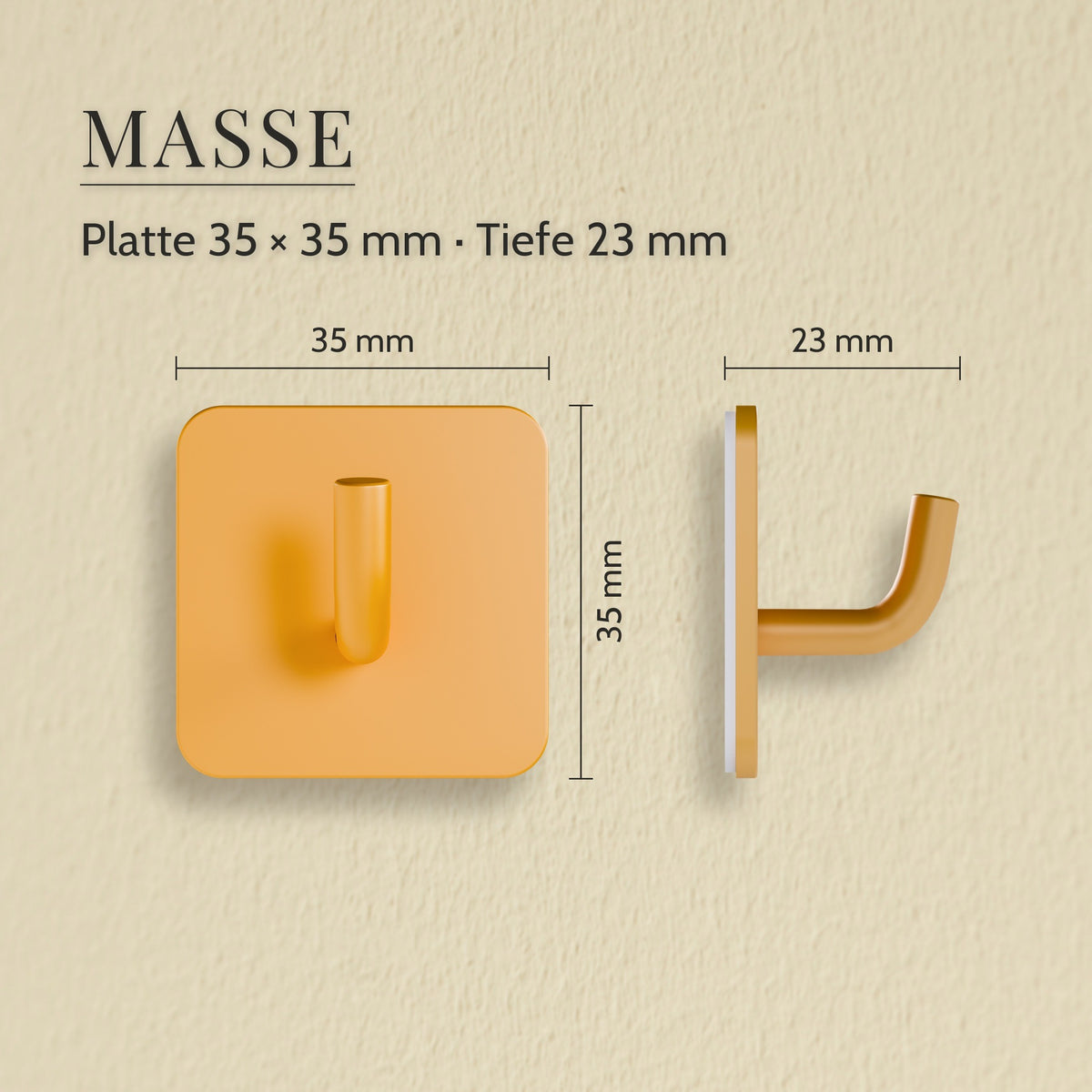 Klebehaken Regenbogen – Masse, Platte 35 × 35 mm · Tiefe 23 mm