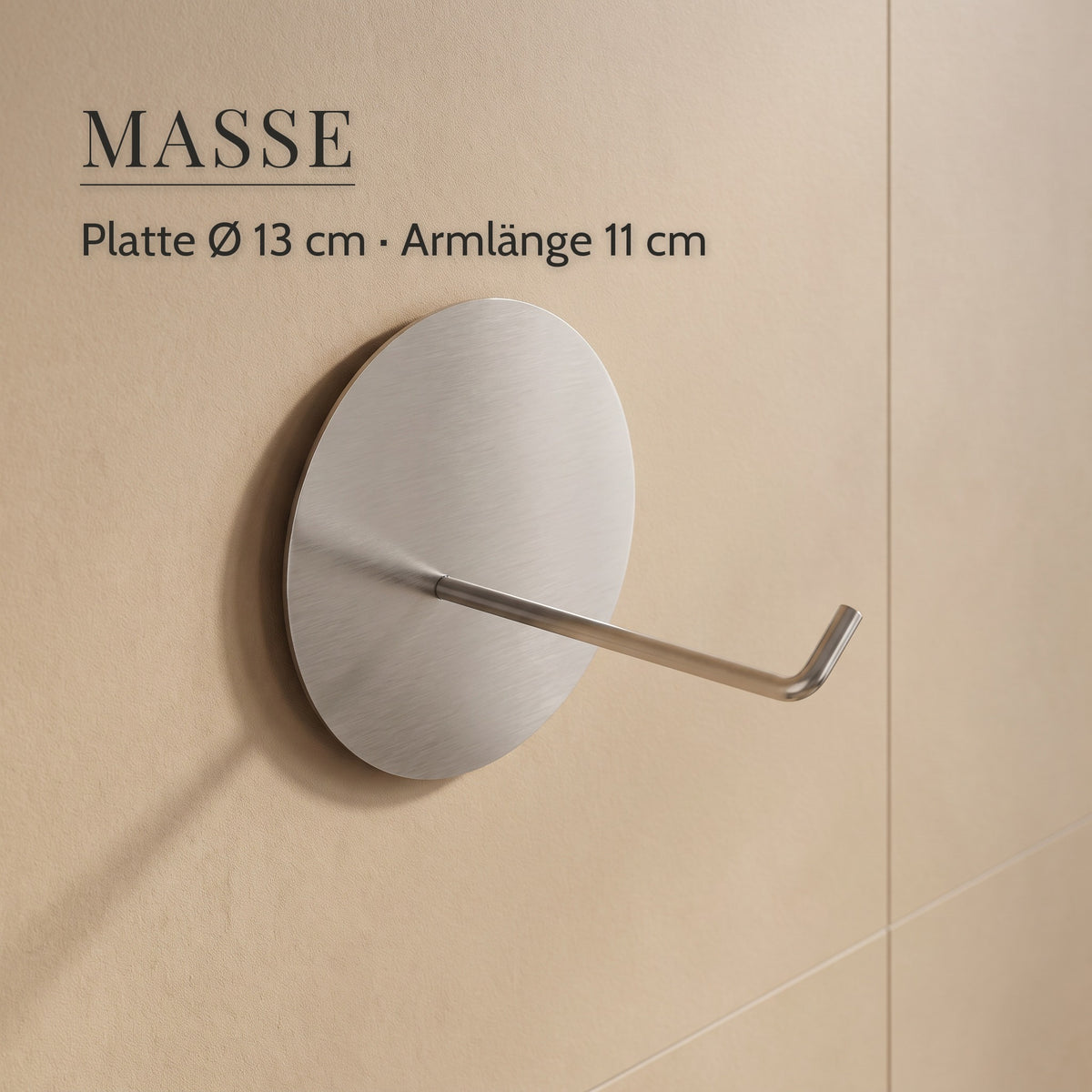 Toilettenpapierhalter Edelstahl rund – Maße, Platte Ø 13 cm, Armlänge 11 cm