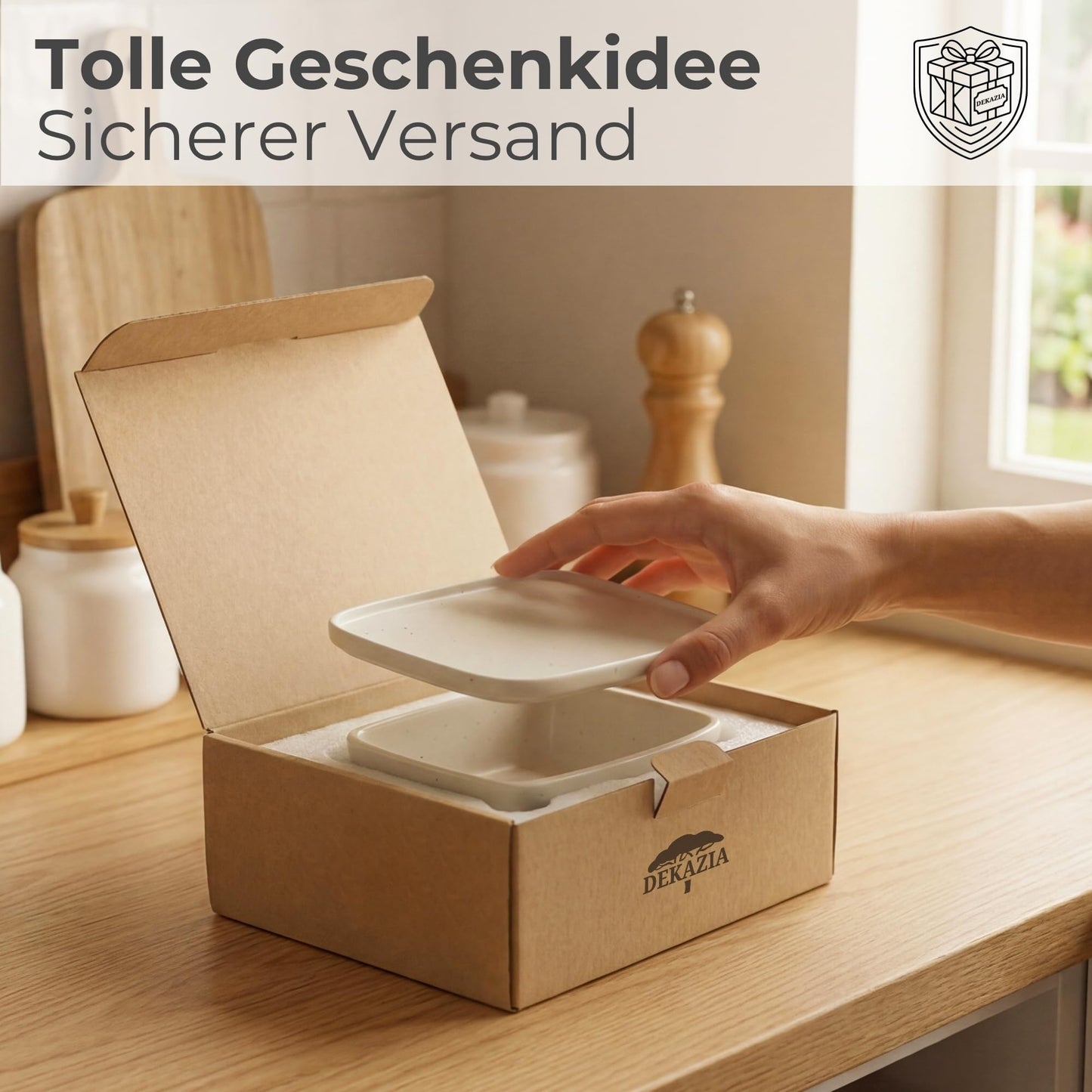 DEKAZIA® Butterdose Keramik mit Deckel Grau Beige