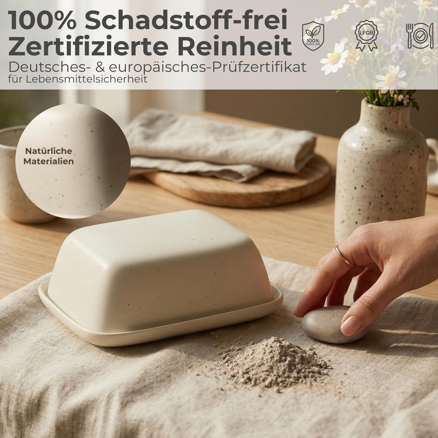 DEKAZIA® Butterdose Keramik mit Deckel Grau Beige