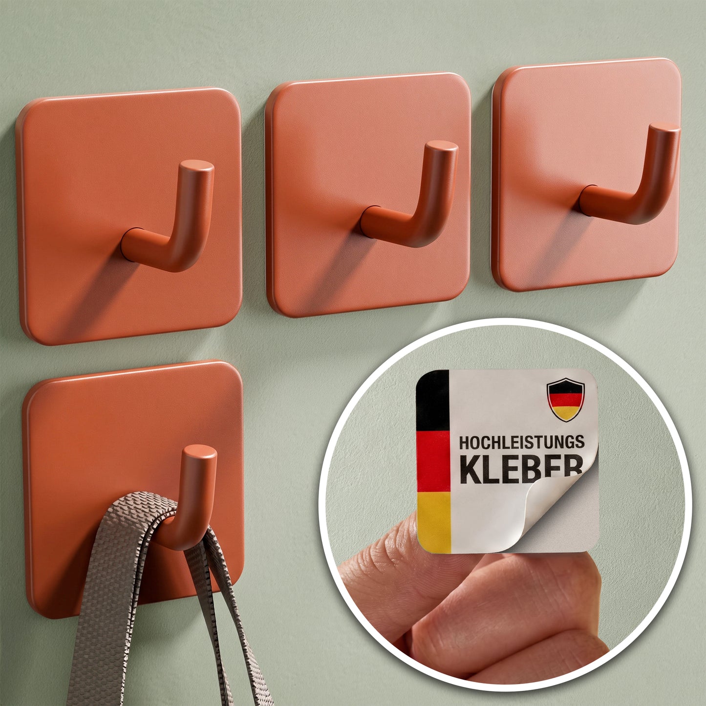 Klebehaken eckig in Terracotta, 4er-Set