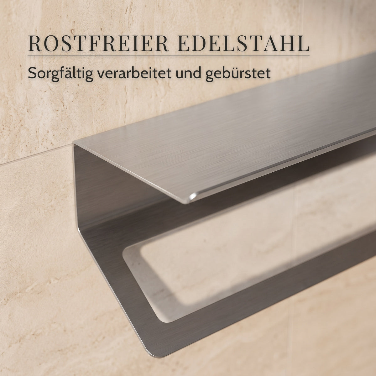 Nahaufnahme der gebürsteten Edelstahlkante des Handtuchhalters