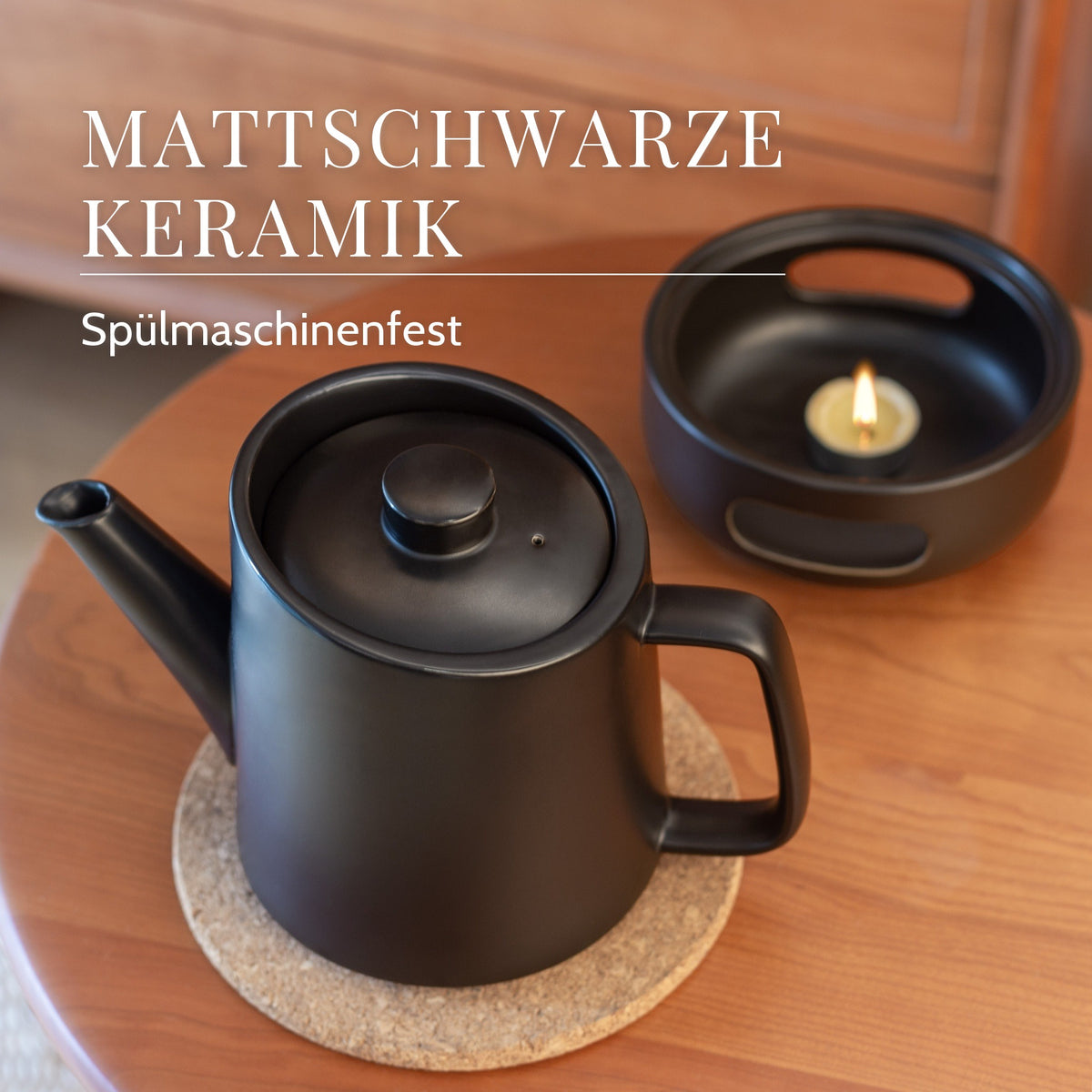 Teekanne mit Stövchen, Keramik schwarz-matt