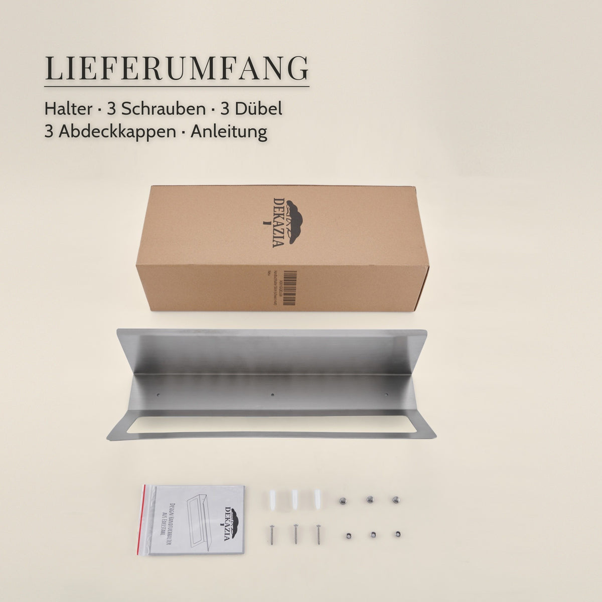 Lieferumfang: Handtuchhalter 50 cm, 3 Schrauben, 3 Dübel, 3 Abdeckkappen, Anleitung und Karton