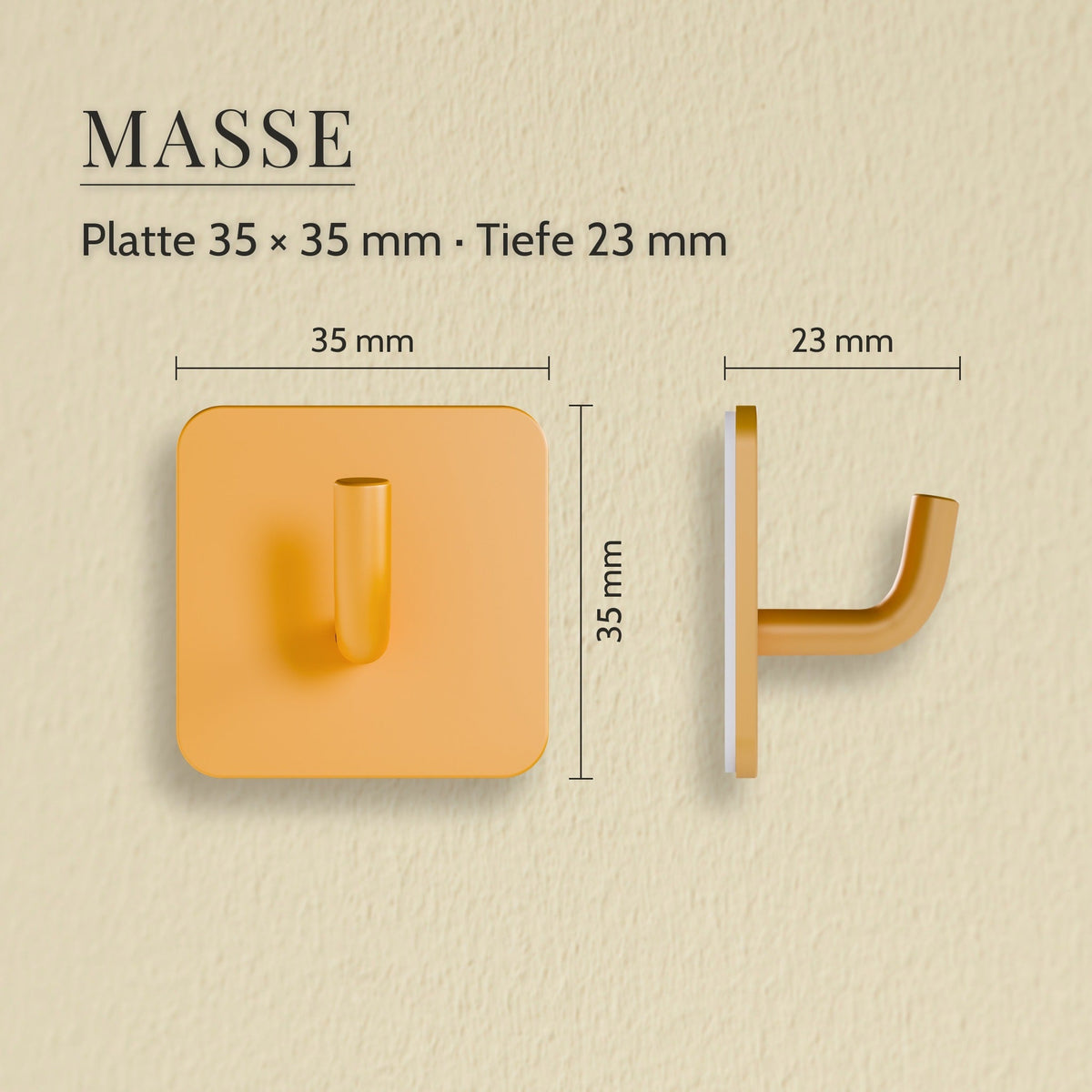 Klebehaken Regenbogen – Masse, Platte 35 × 35 mm · Tiefe 23 mm
