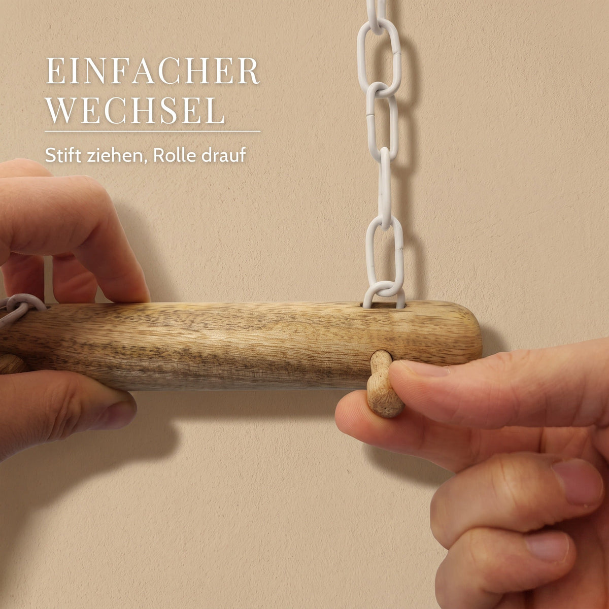 Holzstift aus dem Mangostab ziehen · Einfacher Wechsel: Stift ziehen, Rolle drauf