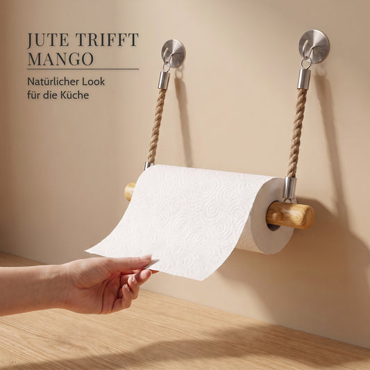Hand zieht ein Blatt Küchenpapier ab · Jute trifft Mango: Natürlicher Look für die Küche