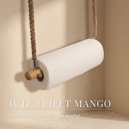 Küchenrollenhalter aus Mangoholz mit Juteseil – Jute trifft Mango, Natürlicher Look für die Küche