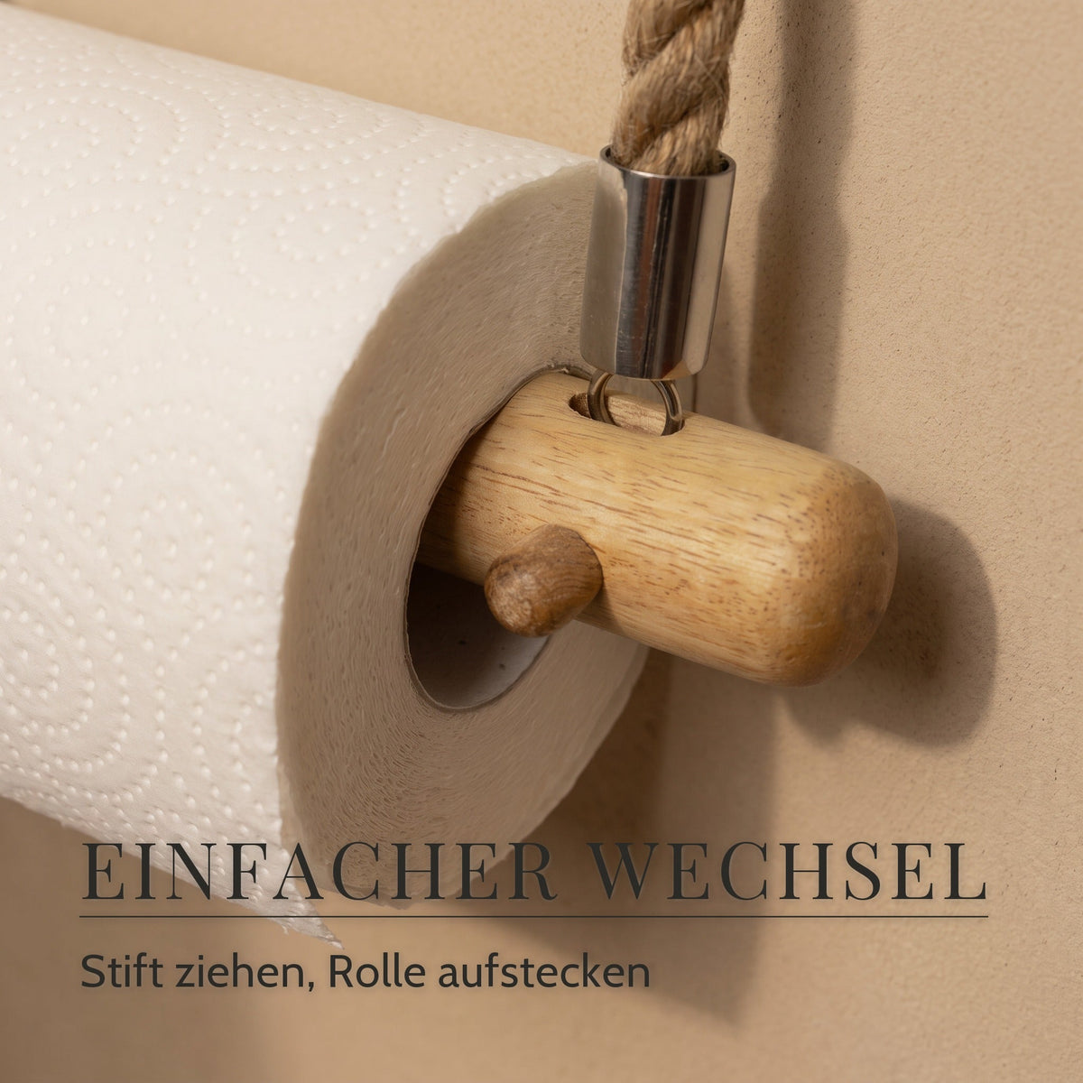 Küchenrollenhalter aus Mangoholz mit Juteseil – Einfacher Wechsel, Stift ziehen, Rolle aufstecken
