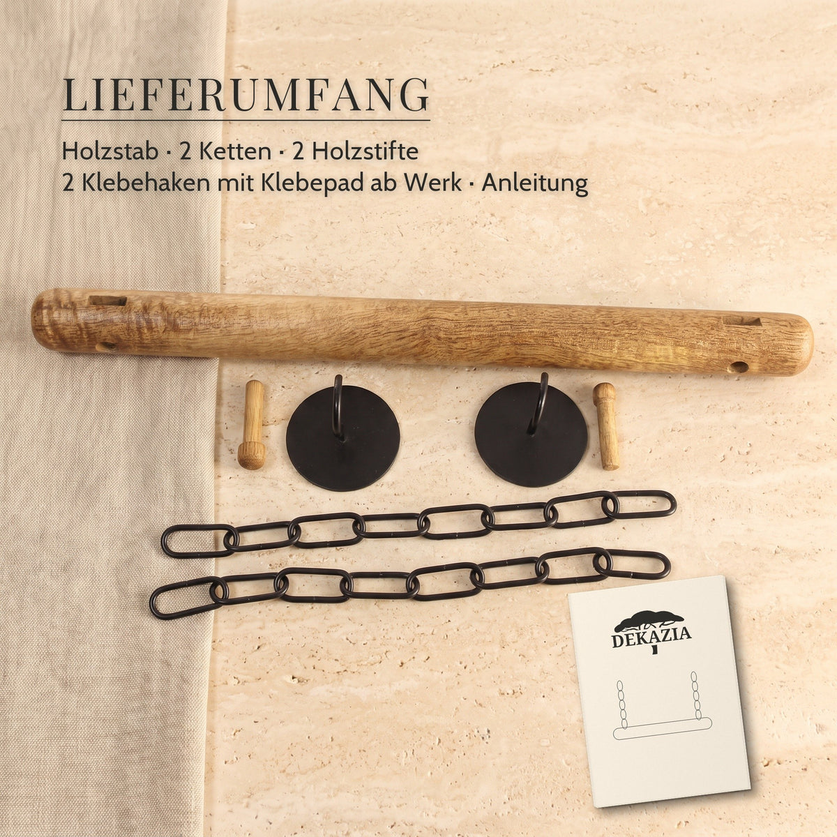 Lieferumfang: Holzstab, zwei Ketten, zwei Holzstifte, zwei Klebehaken mit Klebepad ab Werk und Anleitung