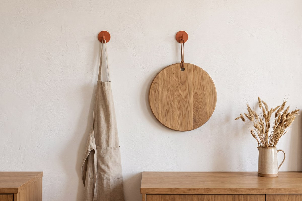 Zwei runde Haken in Terracotta an einer hellen Küchenwand, daran eine Leinenschürze und ein rundes Holzbrett