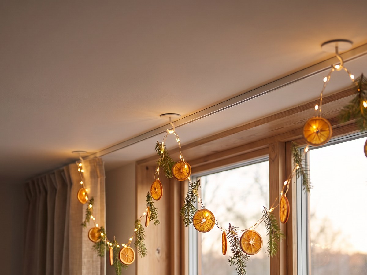 Drei weiße Deckenhaken über einem Fenster halten eine Lichterkette mit getrockneten Orangenscheiben