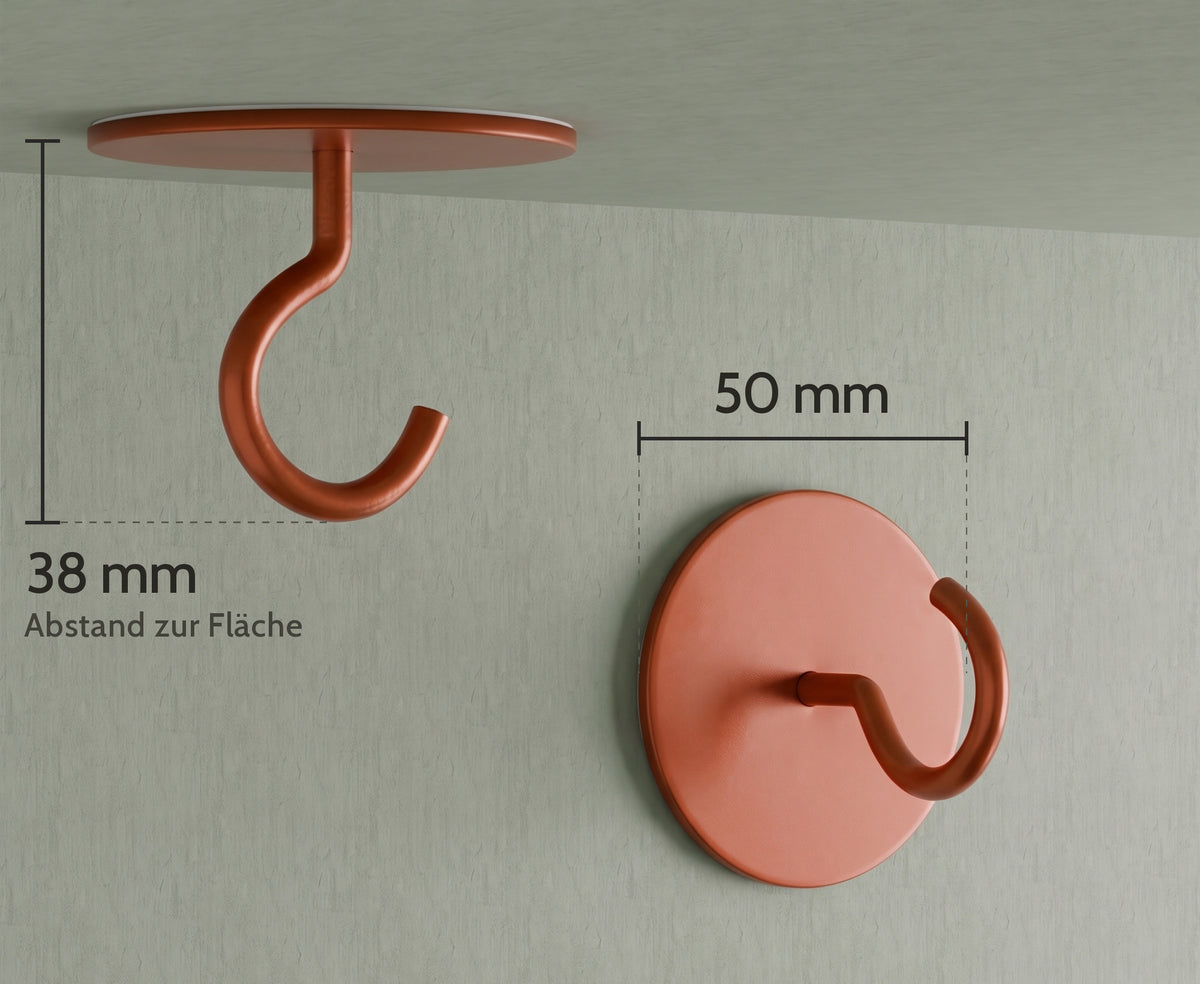 Maßzeichnung: runder Haken an Wand und Decke, Platte 50 mm, Abstand zur Fläche 38 mm