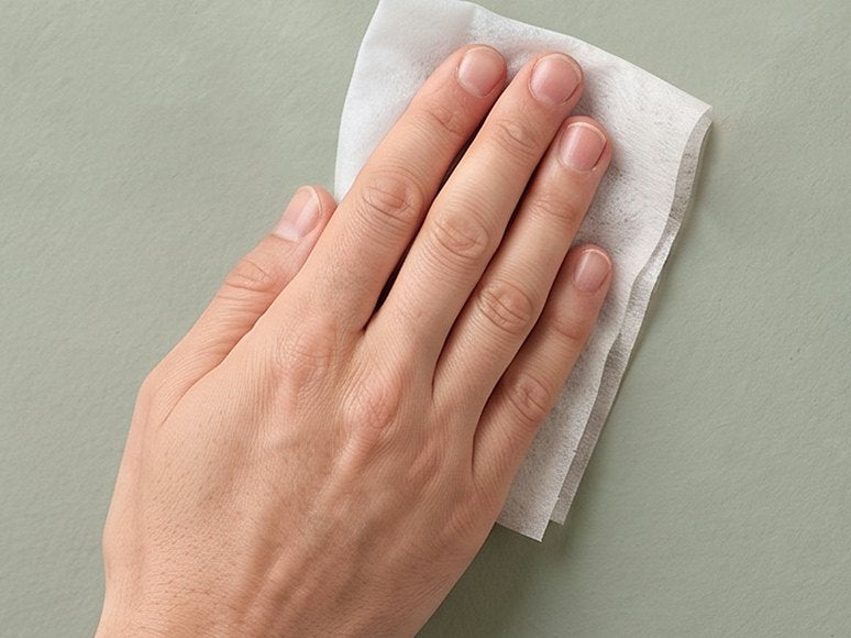 Hand reinigt die Wand mit einem Tuch