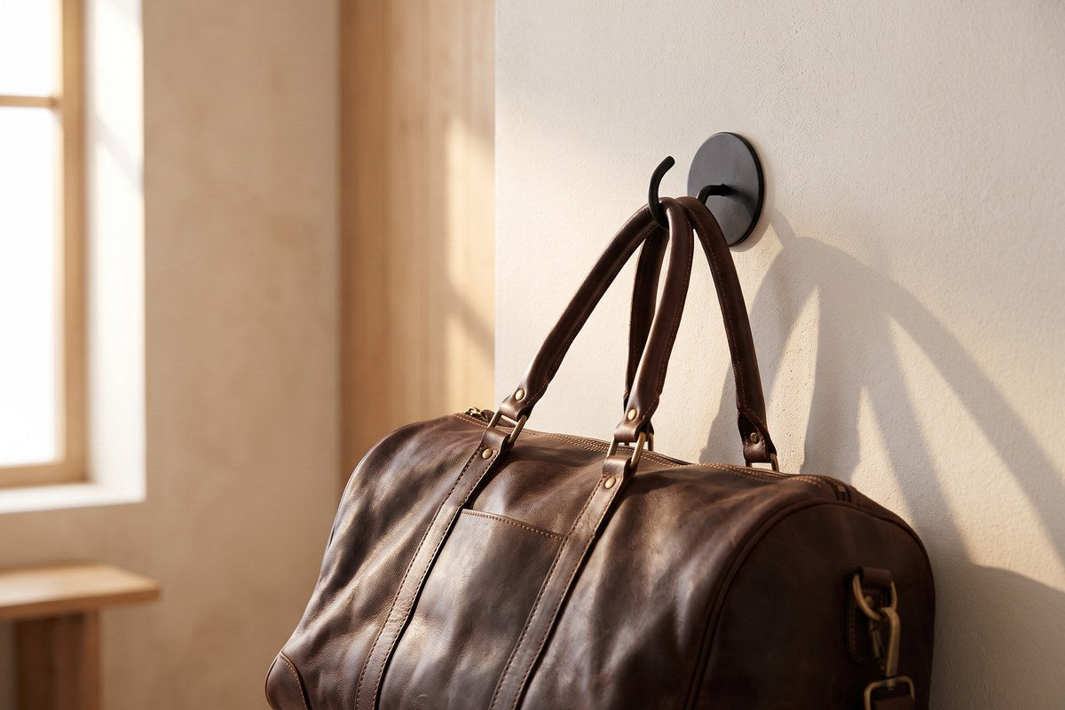 Schwarzer runder Haken an einer hellen Wand trägt eine voll gepackte Reisetasche aus Leder