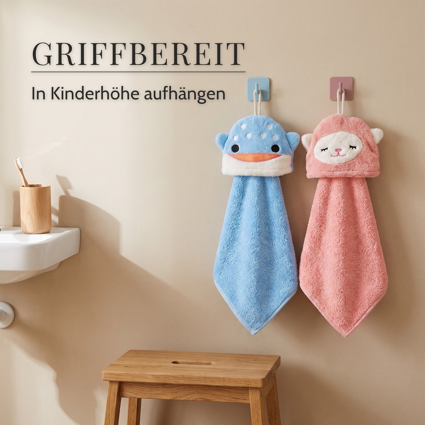 Kinderwaschlappen mit Tiermotiven – im Kinderbad, griffbereit in Kinderhöhe