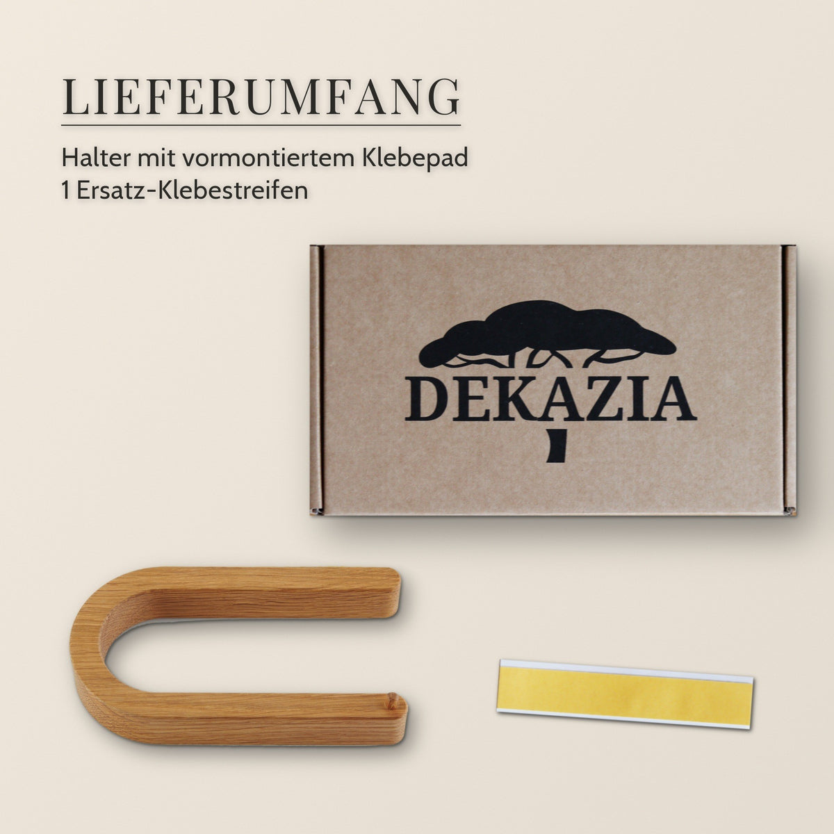 Lieferumfang: Halter mit vormontiertem Klebepad und ein Ersatz-Klebestreifen