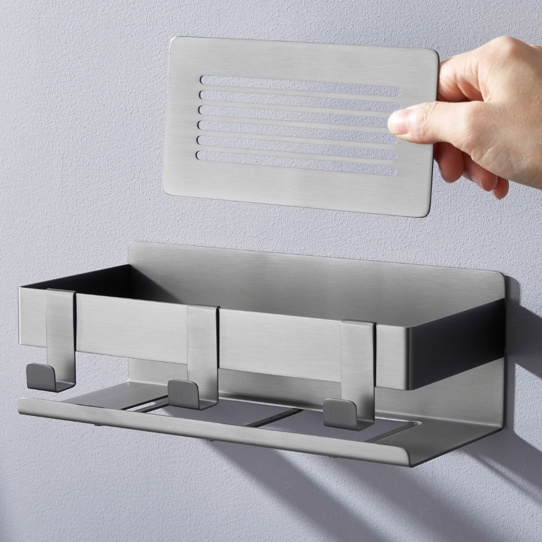 Mensola Doccia Adesiva In Acciaio Inox - Senza Foratura, 30x10cm Con Ganci - Foto 5